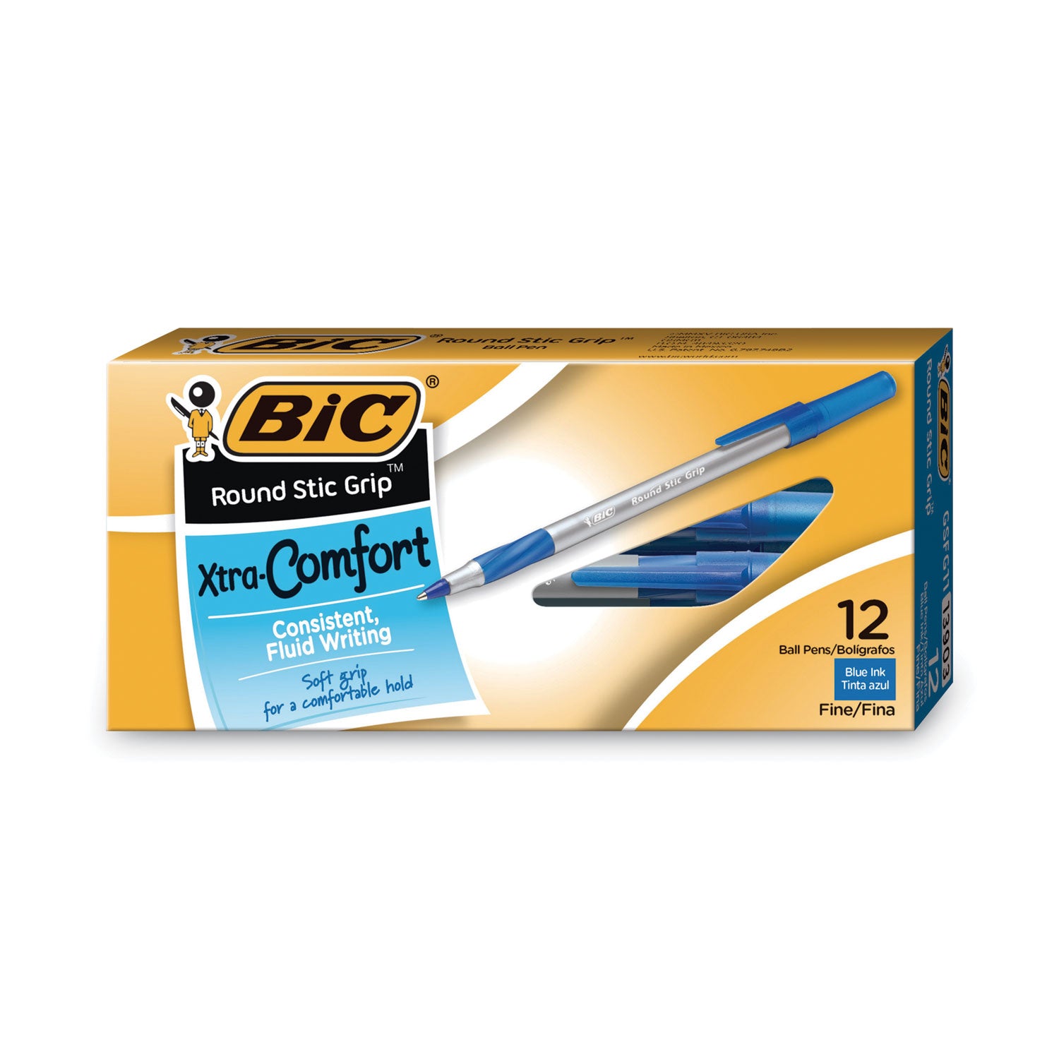 Round Stic Grip Xtra Comfort Ballpoint Pen, Stick, Fine 0.8 mm, Blue Ink, Gray/Blue Barrel, Dozen -
