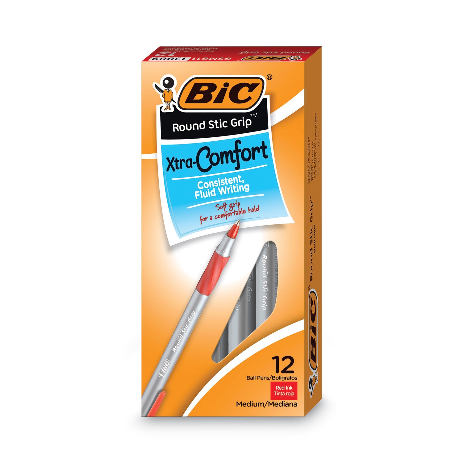 Round Stic Grip Xtra Comfort Ballpoint Pen, Easy-Glide, Stick, Medium 1.2 mm, Red Ink, Gray/Red Barrel, Dozen -