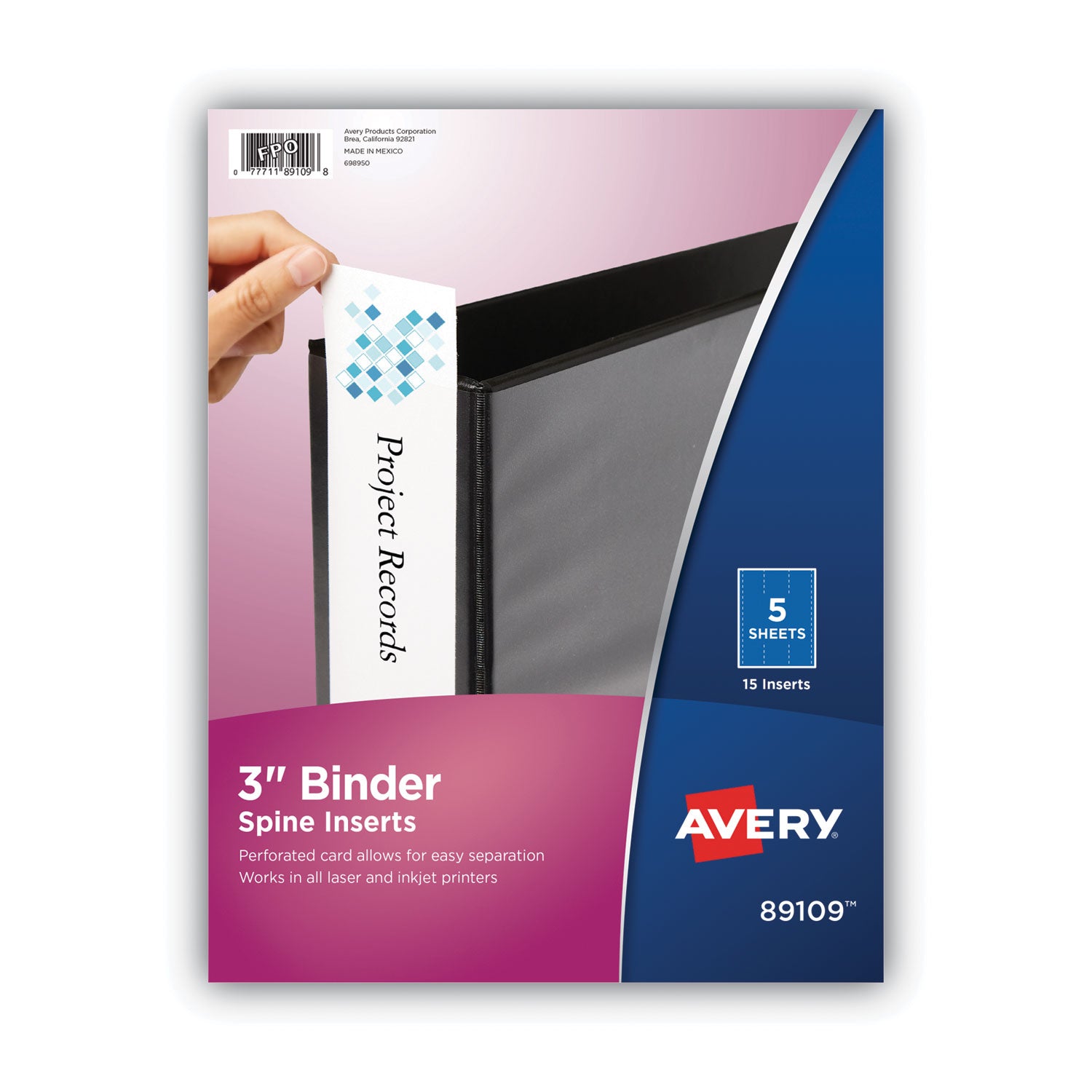 Binder Spine Inserts, 3" Spine Width, 3 Inserts/Sheet, 5 Sheets/Pack -