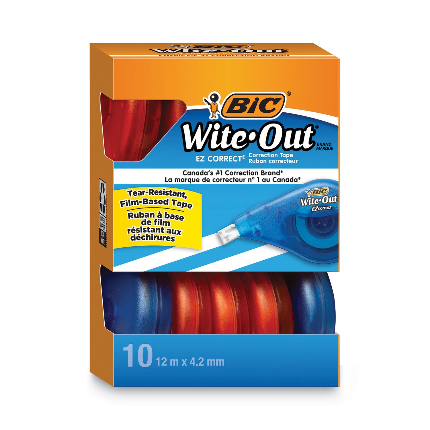Wite-Out EZ Correct Correction Tape Value Pack, Non-Refillable, Randomly Assorted Applicator Colors, 0.17" x 472", 10/Box -