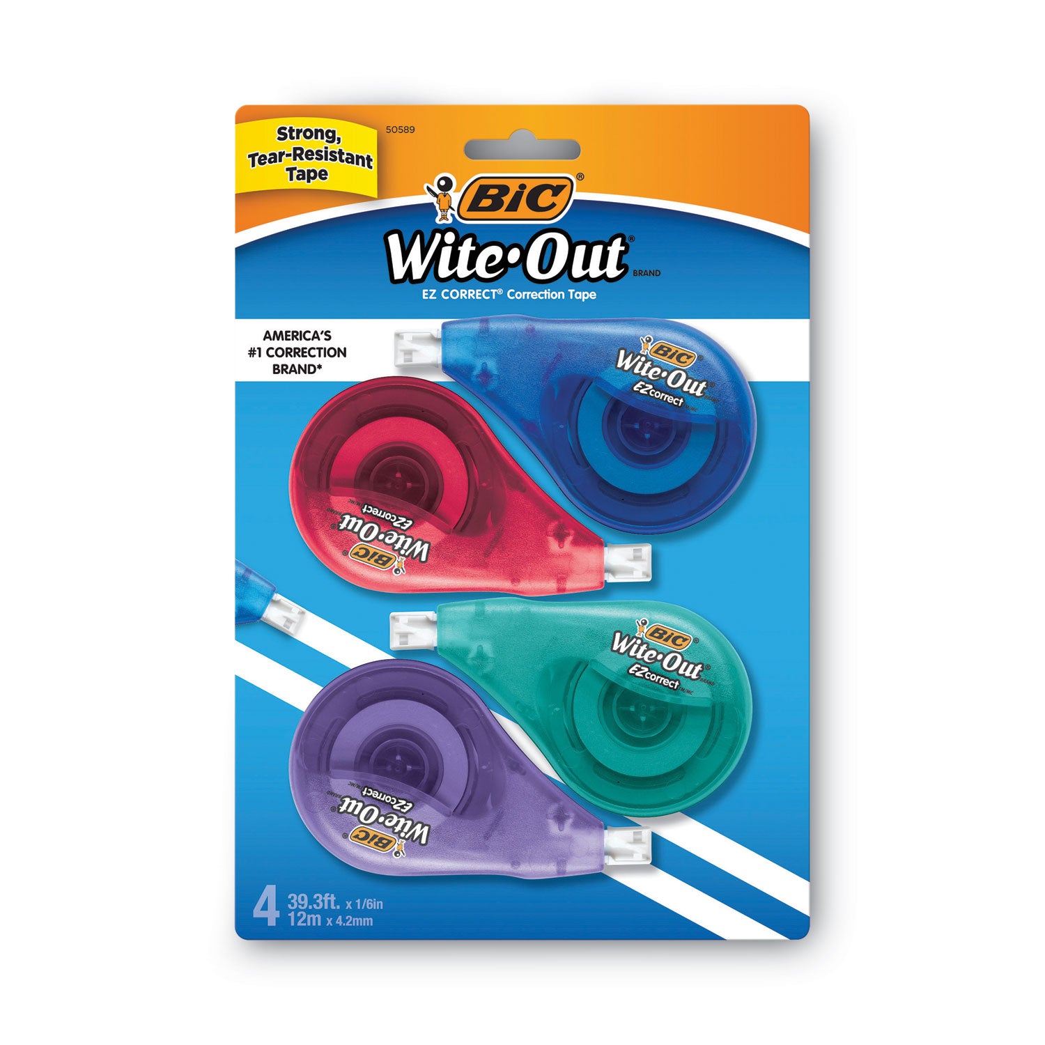 Wite-Out EZ Correct Correction Tape, Non-Refillable, Randomly Assorted Applicator Colors, 0.17" x 400", 4/Pack -