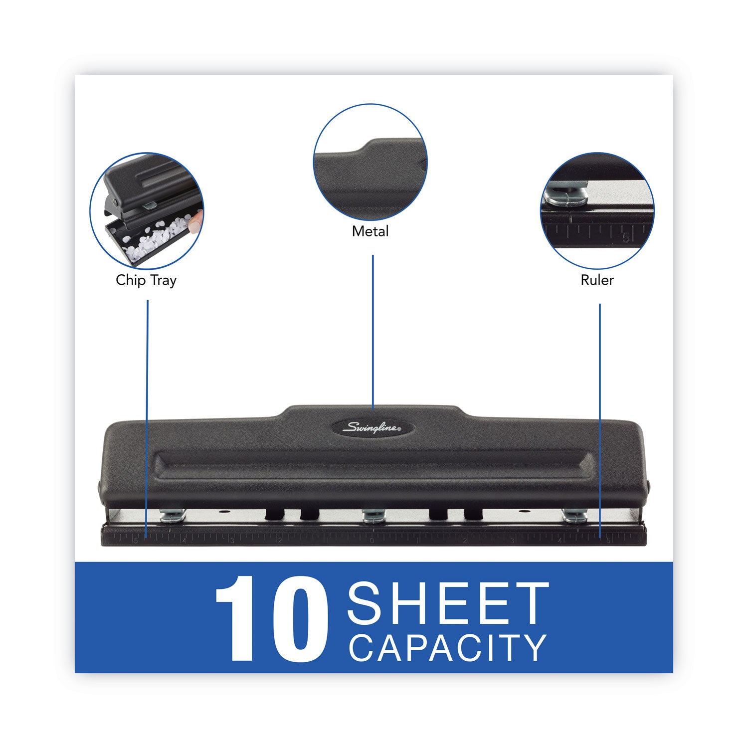 10-Sheet Desktop Light-Duty Two- to Three-Hole Adjustable Punch, 9/32" Holes, Black -