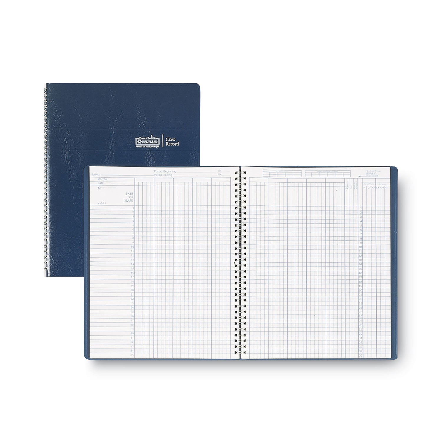 Recycled Class Record Book, 9-10 Week Term: Two-Page Spread (35 Students), Two-Page Spread (8 Classes), 11 x 8.5, Blue Cover -