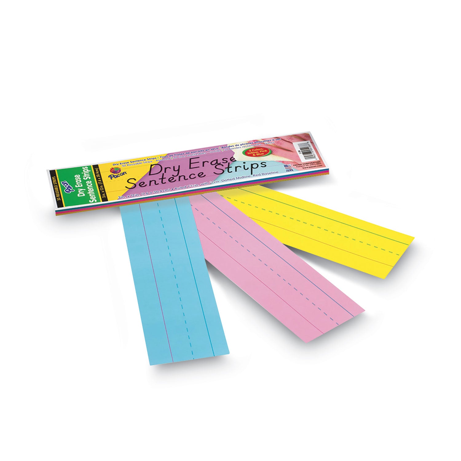 Dry Erase Sentence Strips, 12 x 3, Blue; Pink; Yellow, 30/Pack -