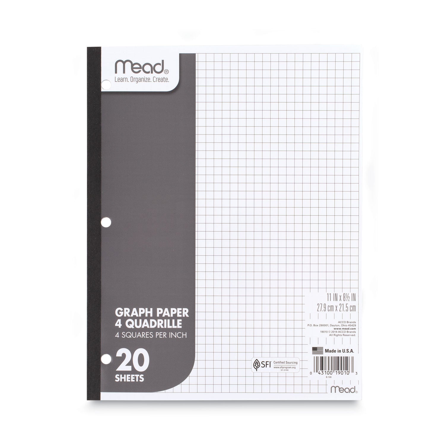 Graph Paper Tablet, 3-Hole, 8.5 x 11, Quadrille: 4 sq/in, 20 Sheets/Pad, 12 Pads/Pack -