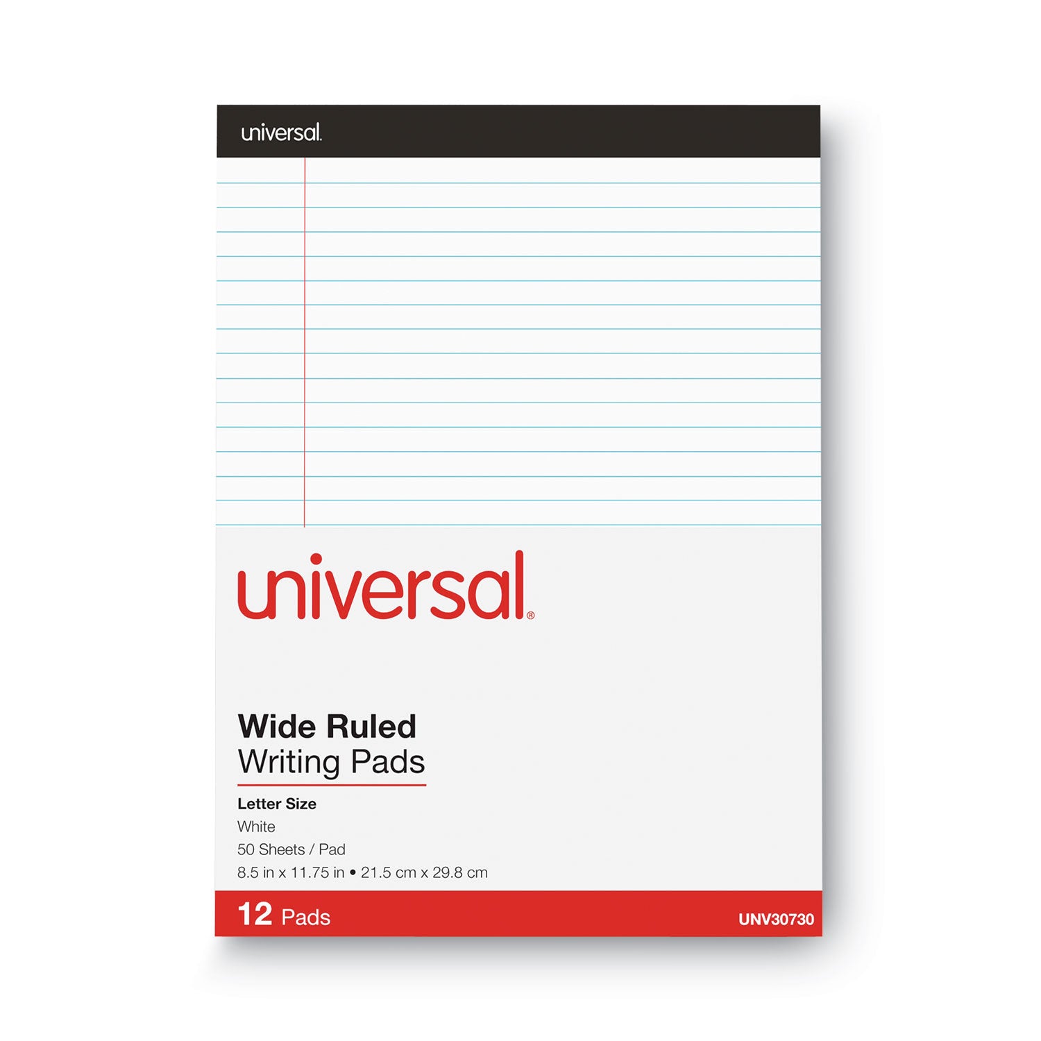 Premium Ruled Writing Pads with Heavy-Duty Back, Wide/Legal Rule, Black Headband, 50 White 8.5 x 11 Sheets, 12/Pack -