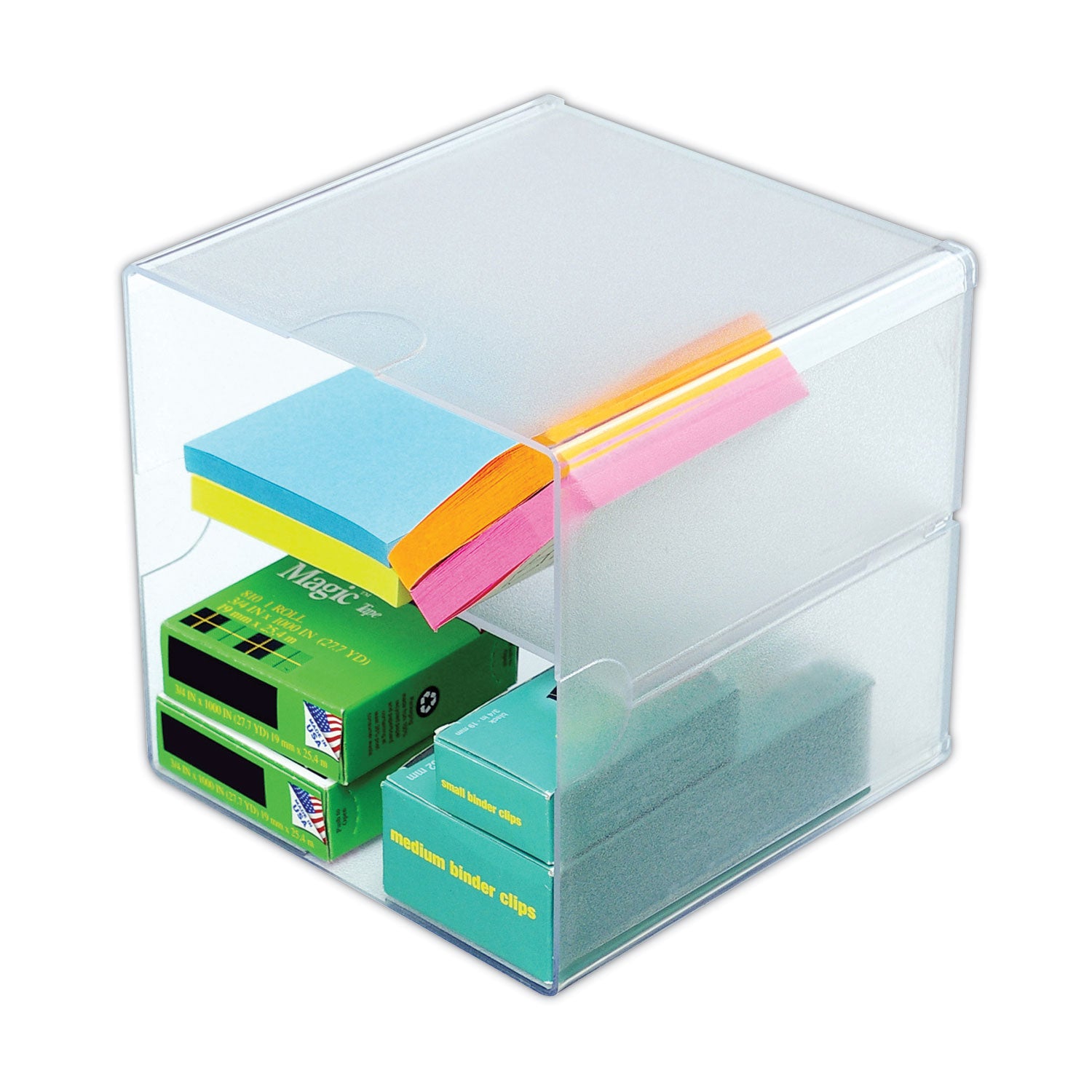 Stackable Cube Organizer, Divided, 2 Compartments, Plastic, 6 x 6 x 6, Clear -