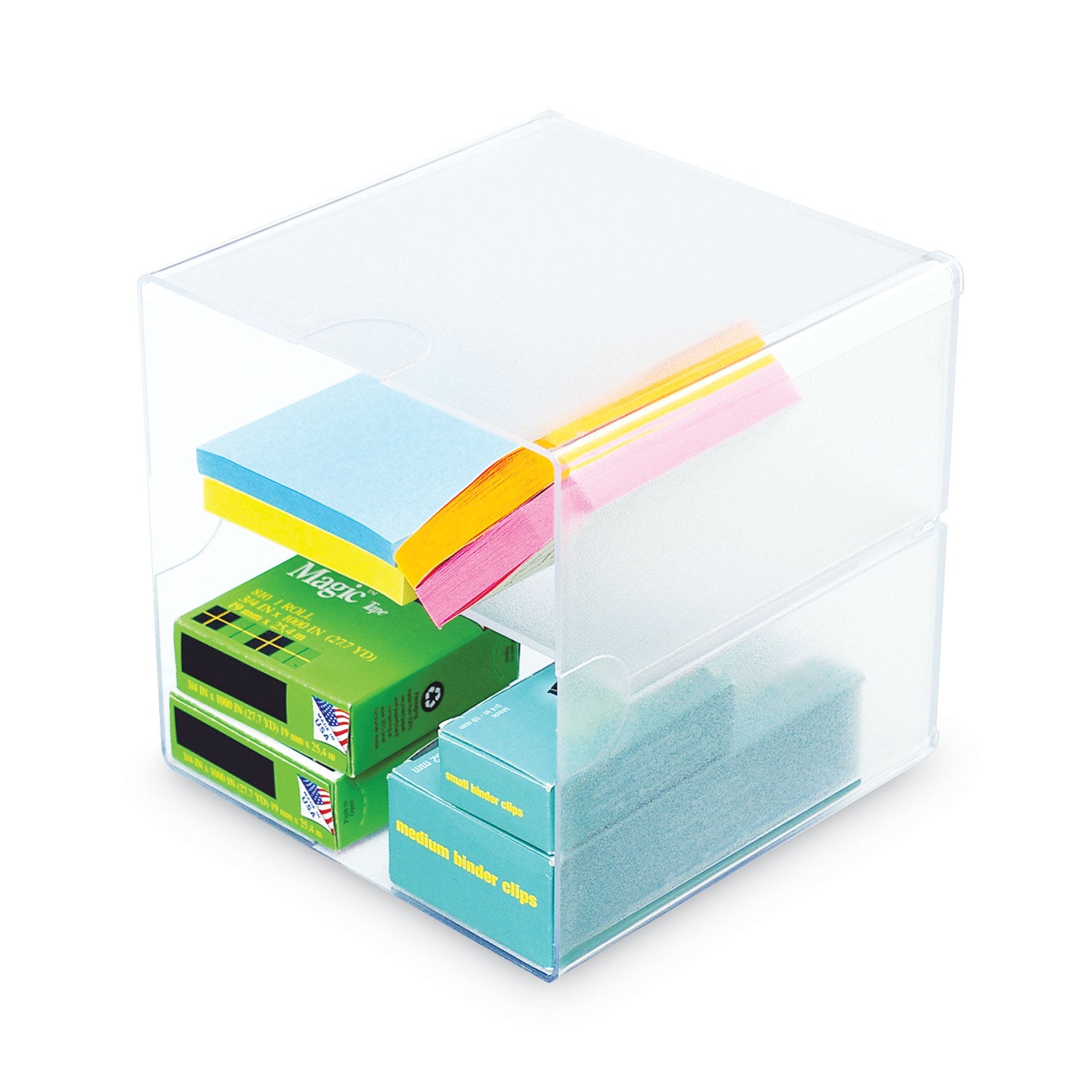 Stackable Cube Organizer, Divided, 2 Compartments, Plastic, 6 x 6 x 6, Clear -