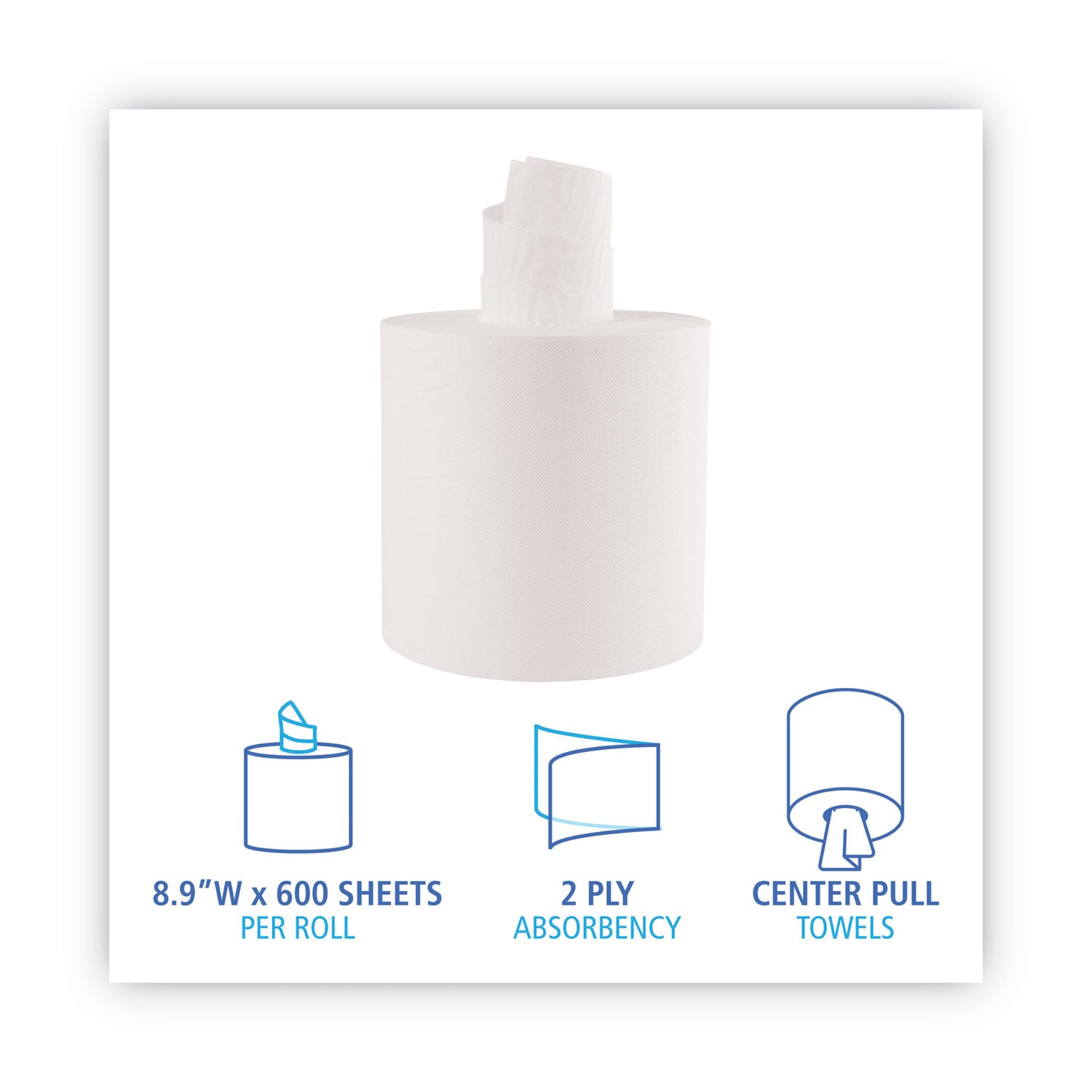 Center-Pull Roll Towels, 2-Ply, 7.6 x 8.9, White, 600/Roll, 6/Carton -
