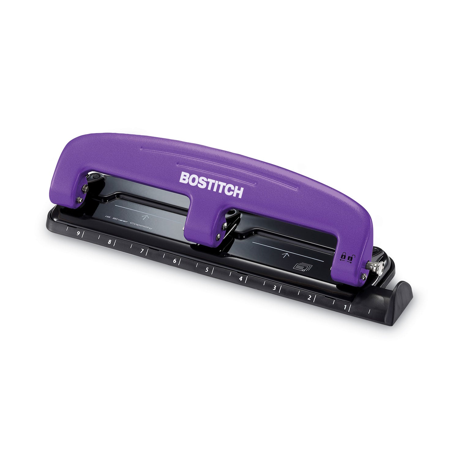 12-Sheet EZ Squeeze Three-Hole Punch, 9/32" Holes, Purple/Black -