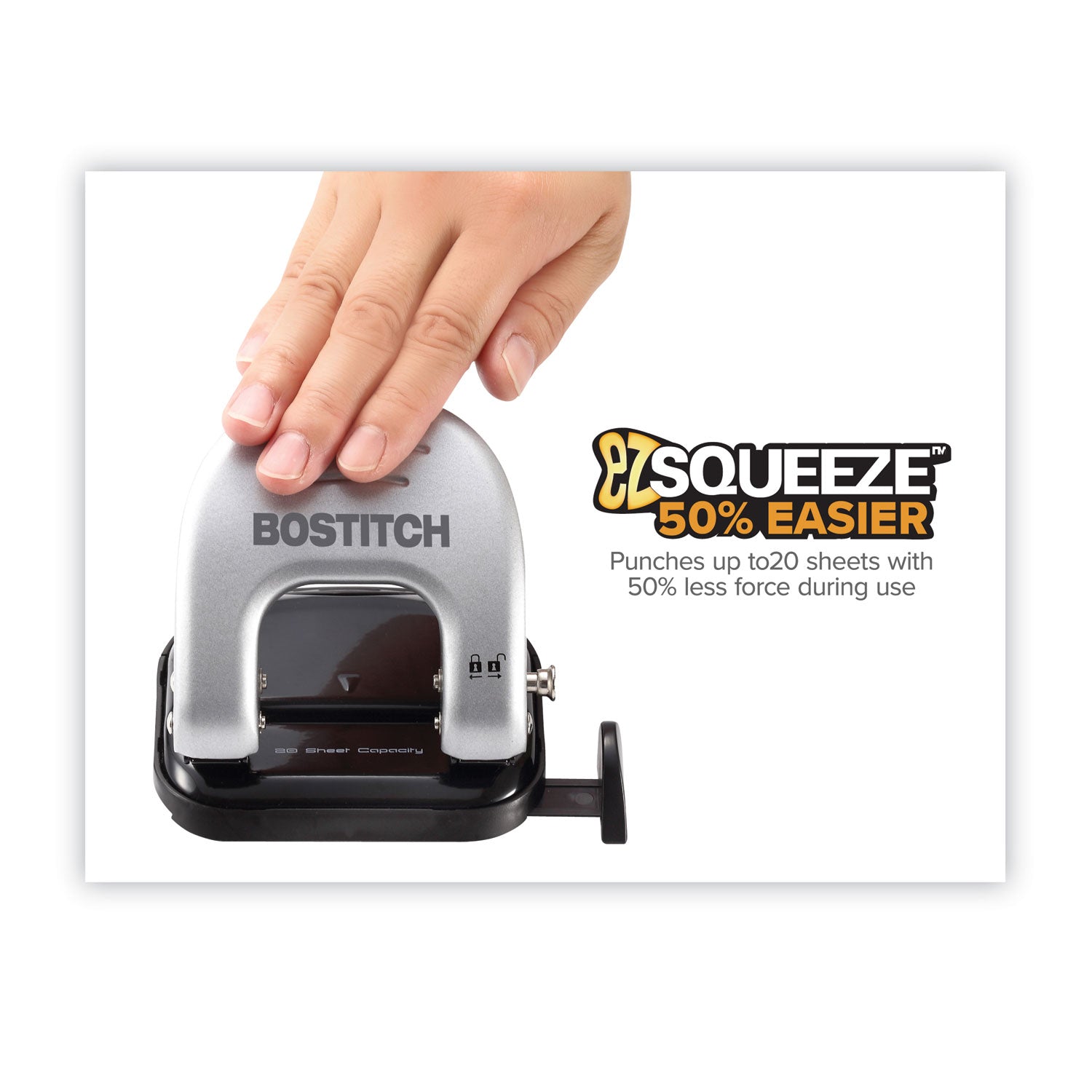 20-Sheet EZ Squeeze Two-Hole Punch, 9/32" Holes, Black/Silver -