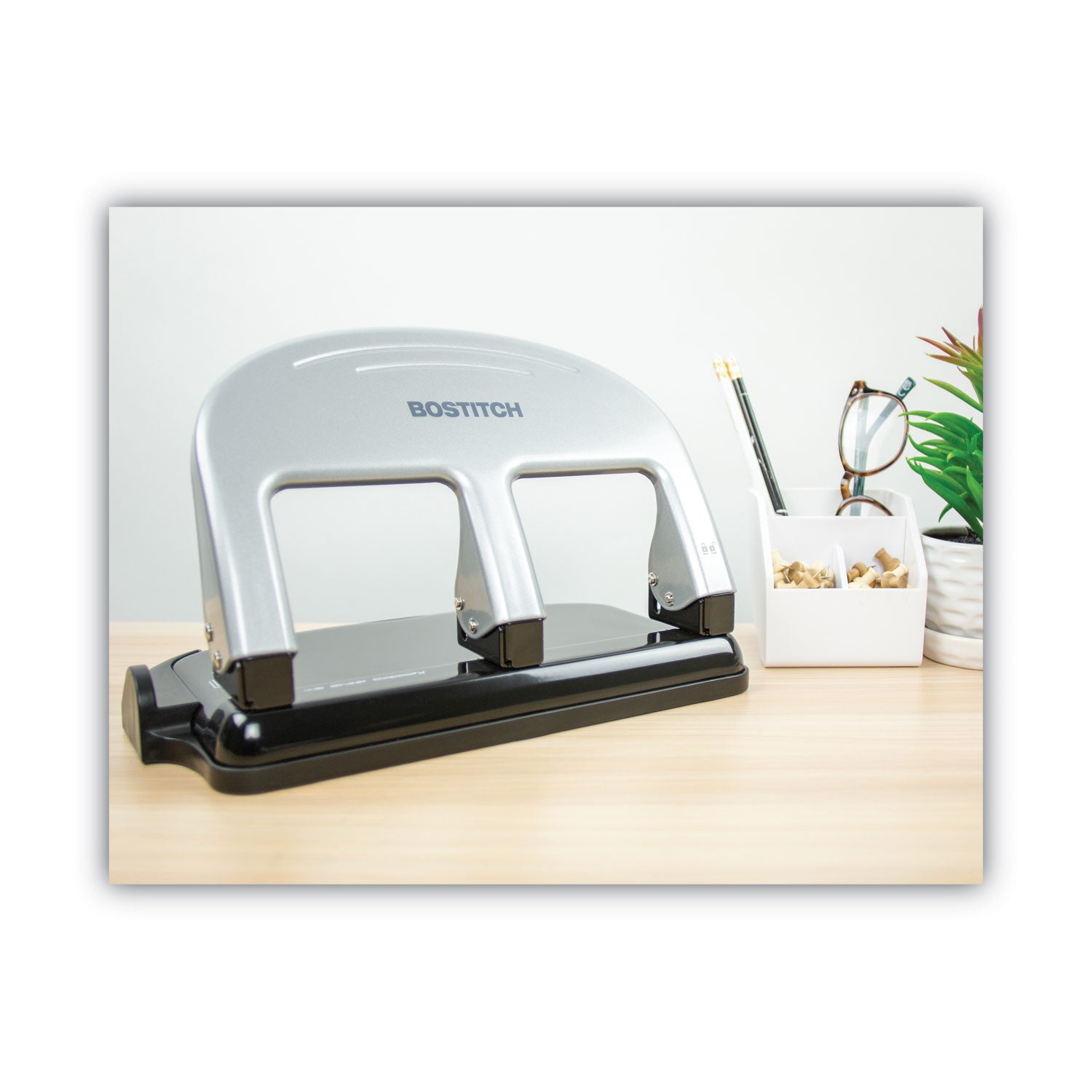 40-Sheet EZ Squeeze Three-Hole Punch, 9/32" Holes, Black/Silver -