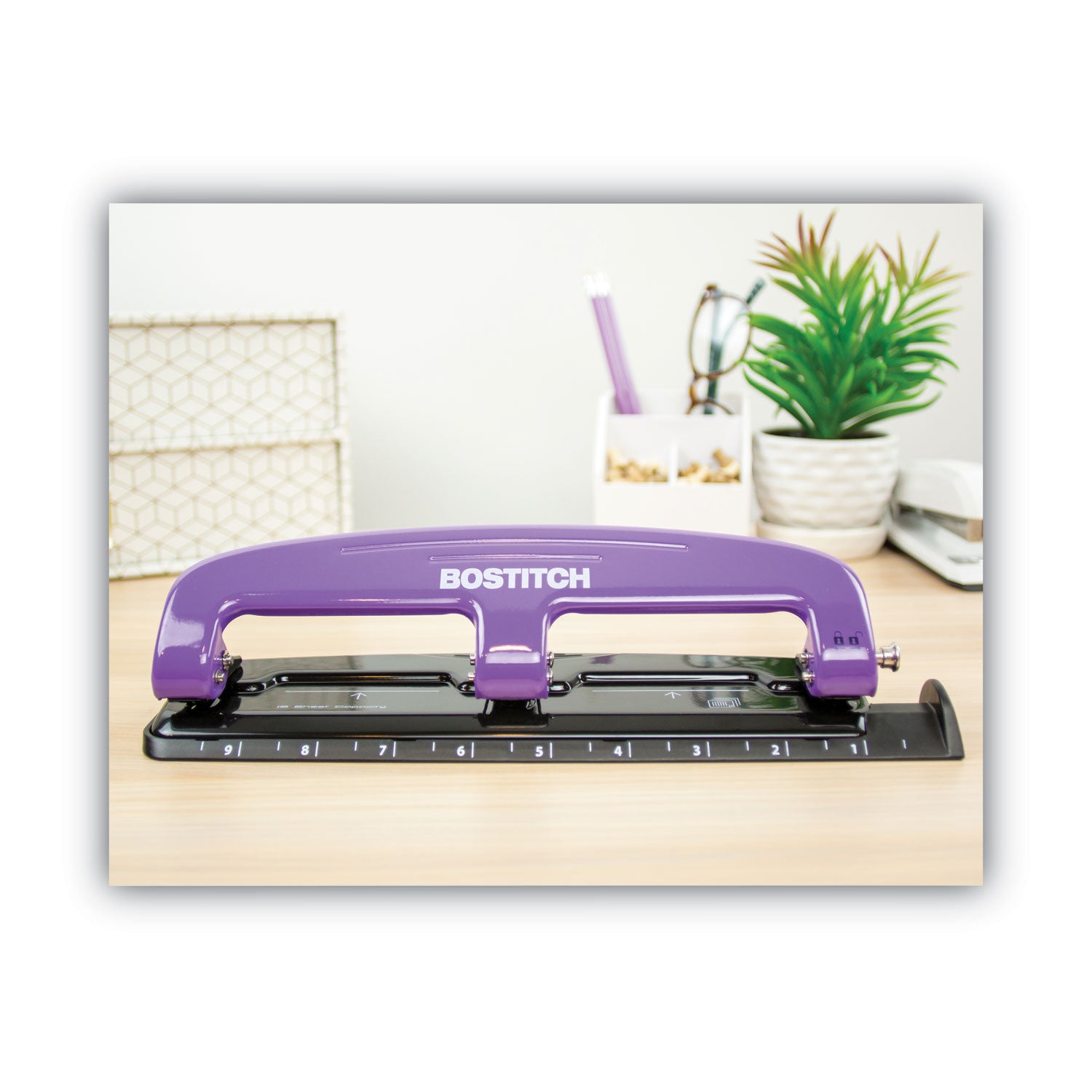 12-Sheet EZ Squeeze Three-Hole Punch, 9/32" Holes, Purple/Black -