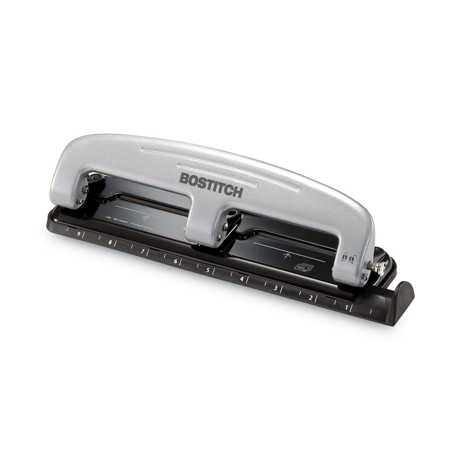 12-Sheet EZ Squeeze Three-Hole Punch, 9/32" Holes, Black/Silver -