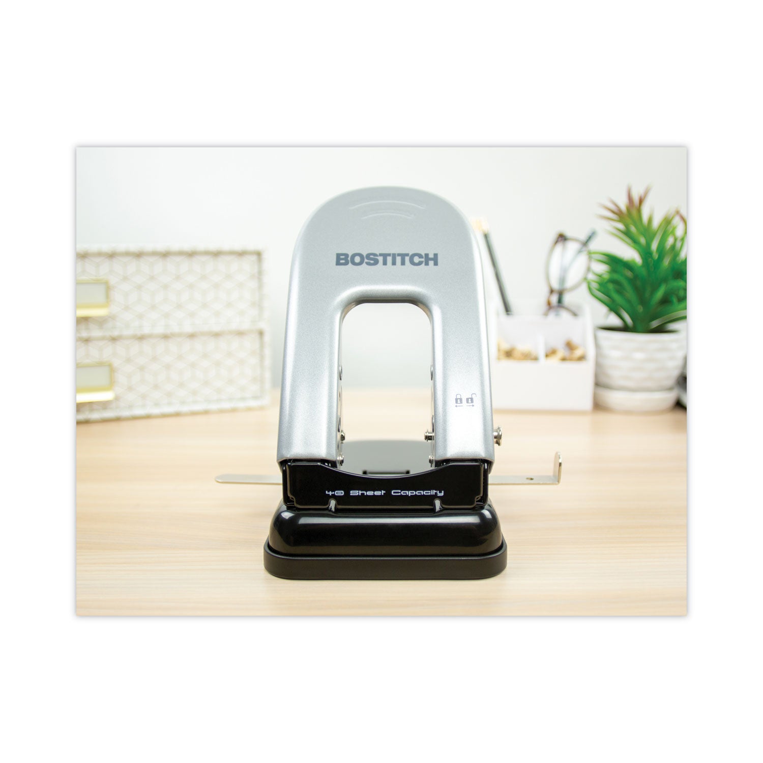 40-Sheet EZ Squeeze Two-Hole Punch, 9/32" Holes, Black/Silver -