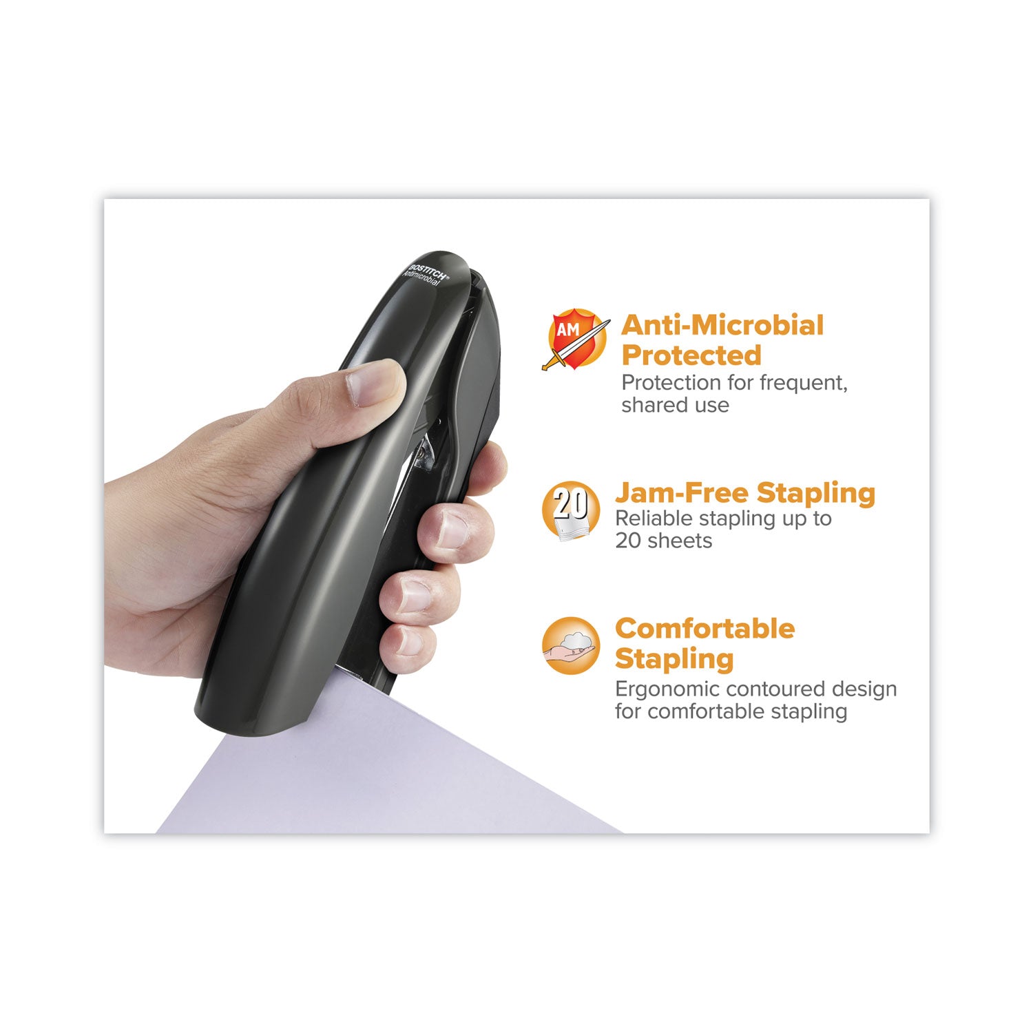 Premium Antimicrobial Stand-Up Stapler, 20-Sheet Capacity, Black -