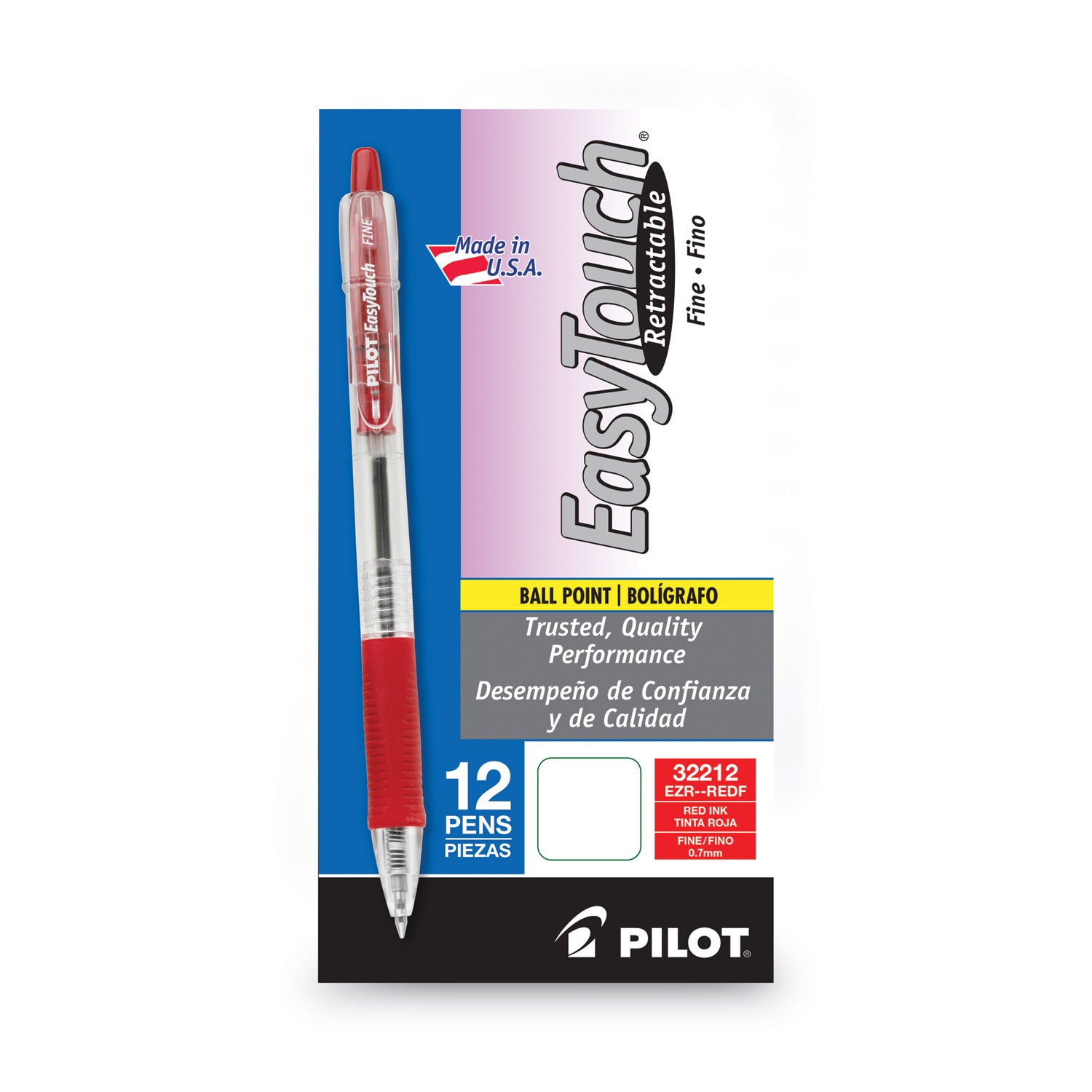 EasyTouch Ballpoint Pen, Retractable, Fine 0.7 mm, Red Ink, Clear Barrel, Dozen -