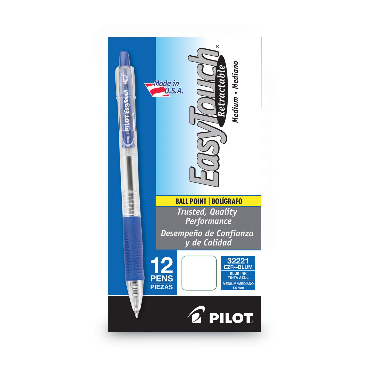 EasyTouch Ballpoint Pen, Retractable, Medium 1 mm, Blue Ink, Clear Barrel, Dozen -