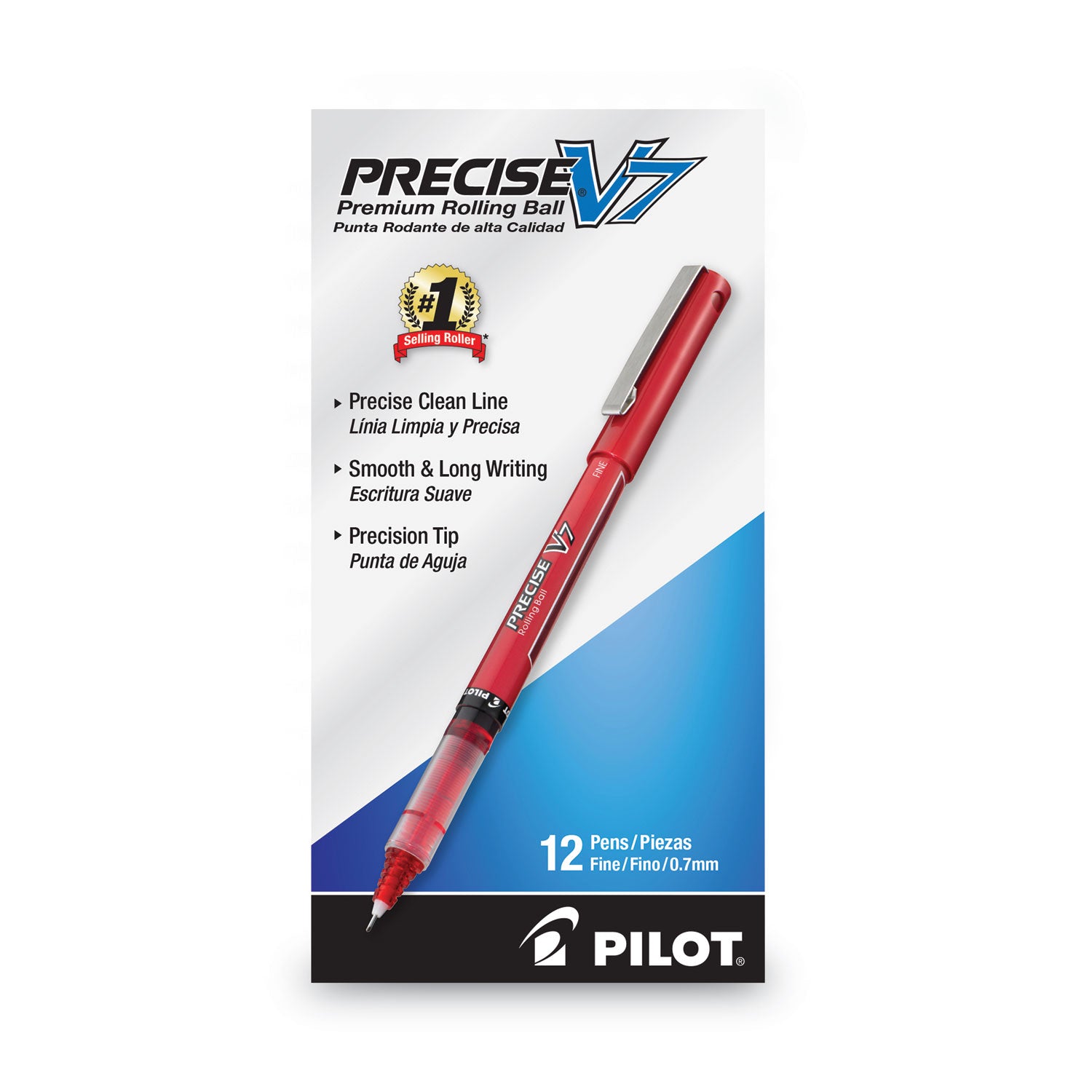Precise V7 Roller Ball Pen, Stick, Fine 0.7 mm, Red Ink, Red/Clear Barrel, Dozen -