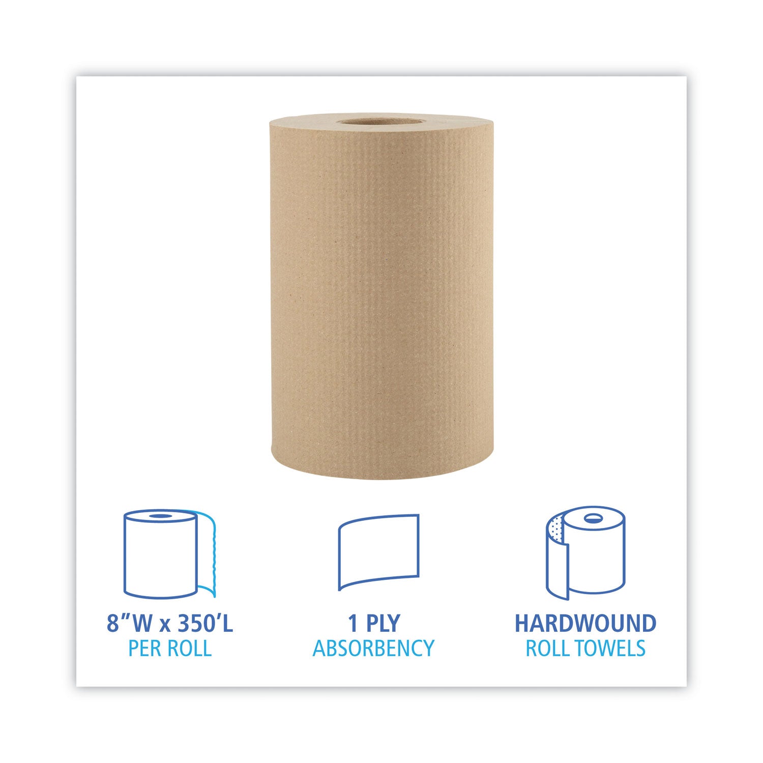 Hardwound Paper Towels, 1-Ply, 8" x 350 ft, Natural, 12 Rolls/Carton -