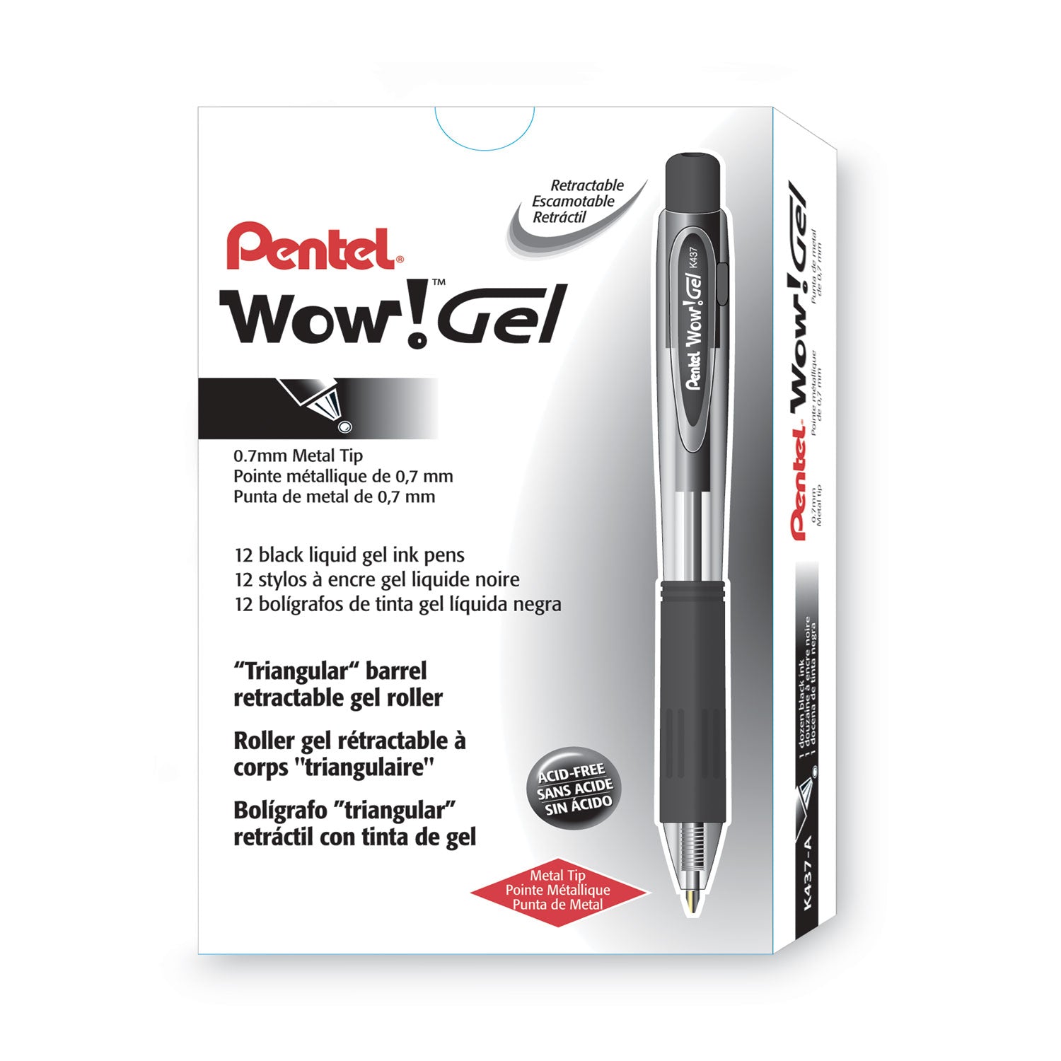 WOW! Gel Pen, Retractable, Medium 0.7 mm, Black Ink, Clear/Black Barrel, Dozen -