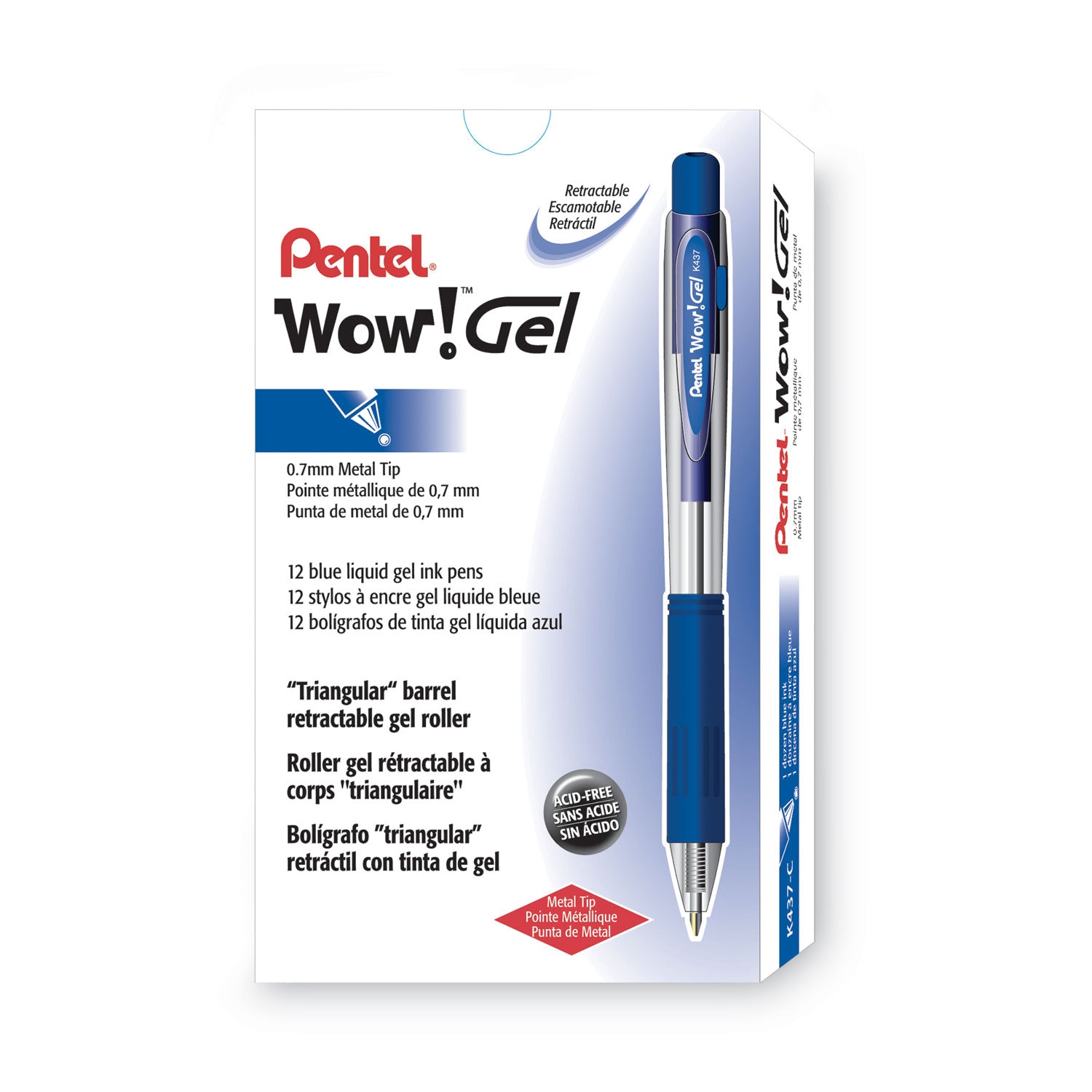 WOW! Gel Pen, Retractable, Medium 0.7 mm, Blue Ink, Clear/Blue Barrel, Dozen -