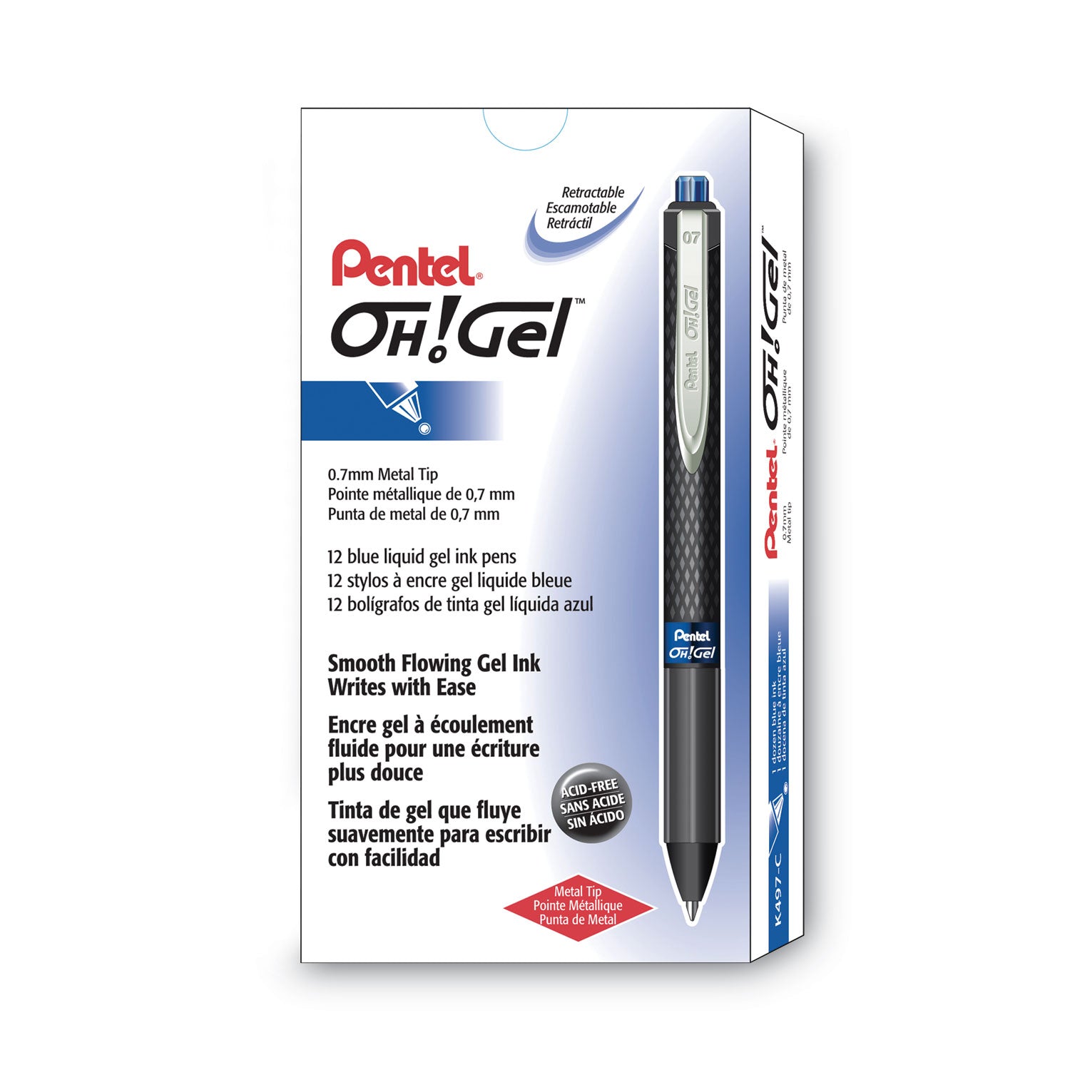 Oh! Gel Pen, Retractable, Medium 0.7 mm, Blue Ink, Black Barrel, Dozen -