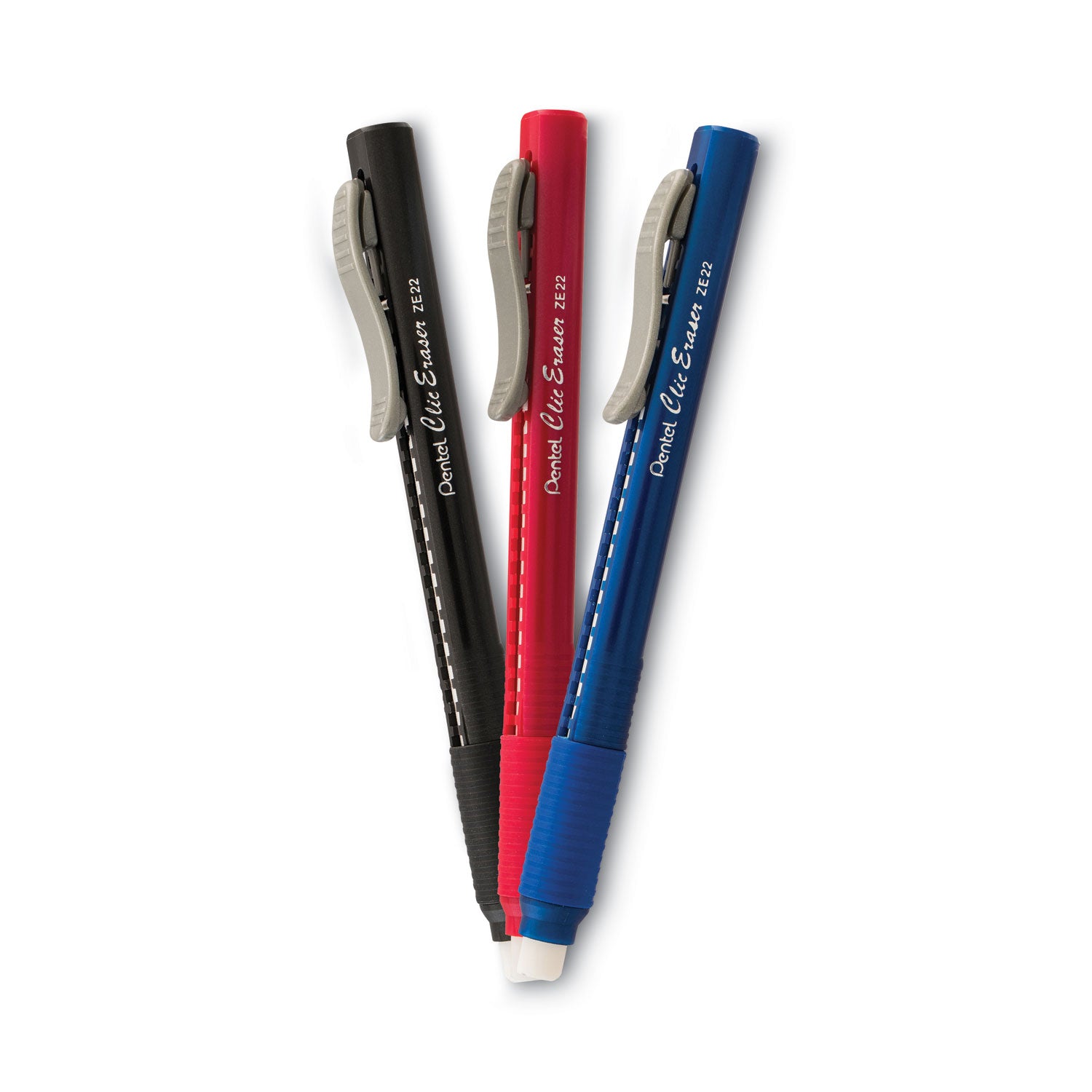 Clic Eraser Grip Eraser, For Pencil Marks, White Eraser, Randomly Assorted Barrel Color, 3/Pack -