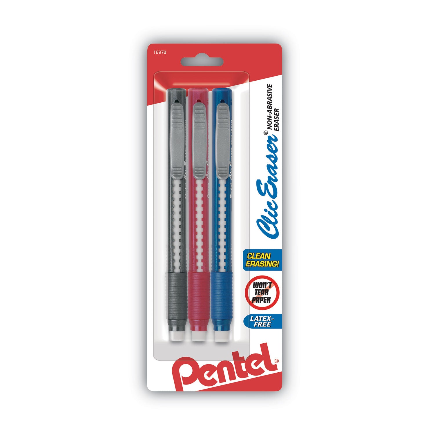 Clic Eraser Grip Eraser, For Pencil Marks, White Eraser, Randomly Assorted Barrel Color, 3/Pack -
