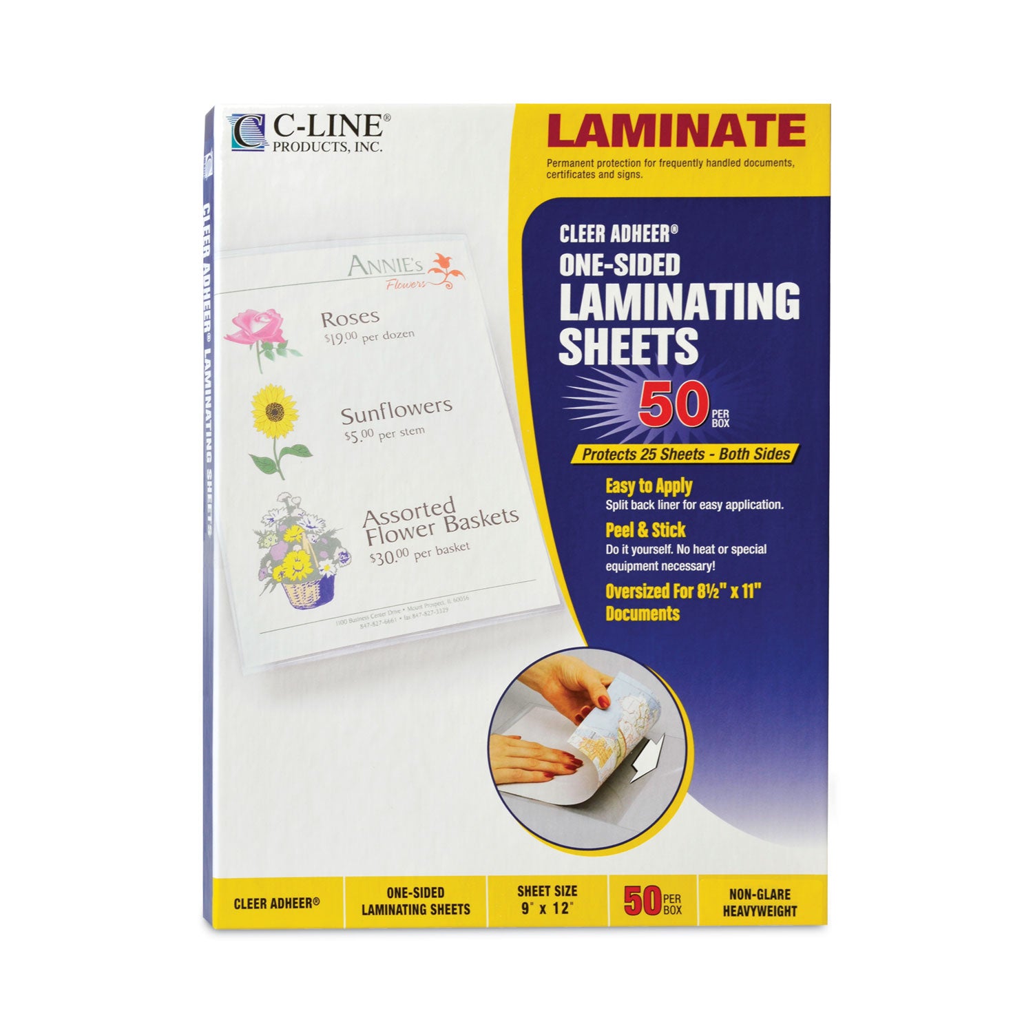Cleer Adheer Self-Adhesive Laminating Film, 2 mil, 9" x 12", Non-Glare Clear, 50/Box -