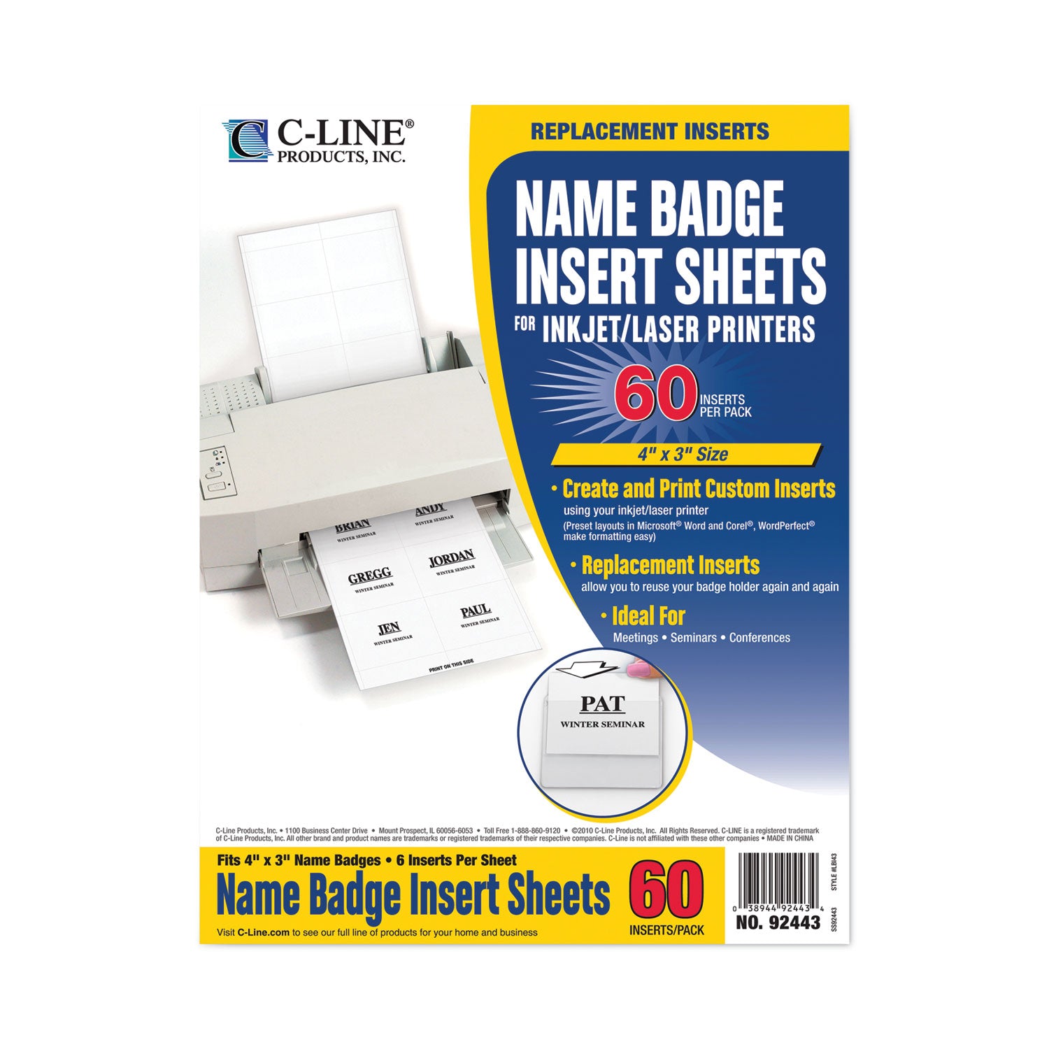 Name Badge Inserts, 4 x 3, White, 60/Pack -