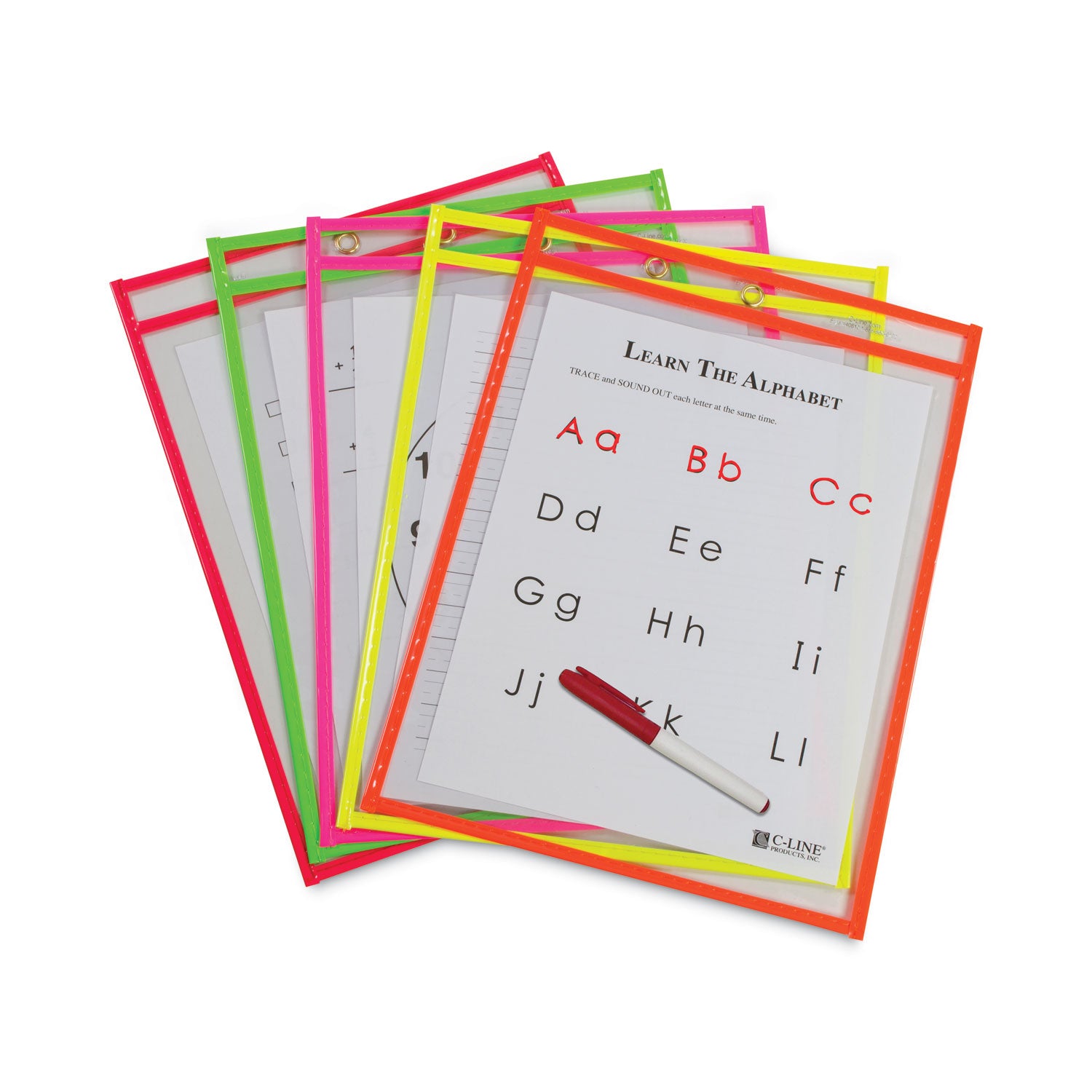 Reusable Dry Erase Pockets, 9 x 12, Assorted Neon Colors, 10/Pack -