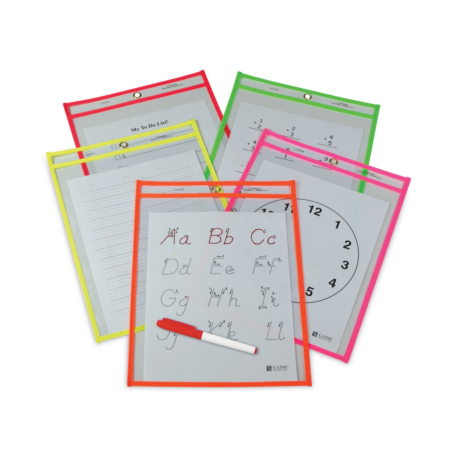 Reusable Dry Erase Pockets, 9 x 12, Assorted Neon Colors, 25/Box -