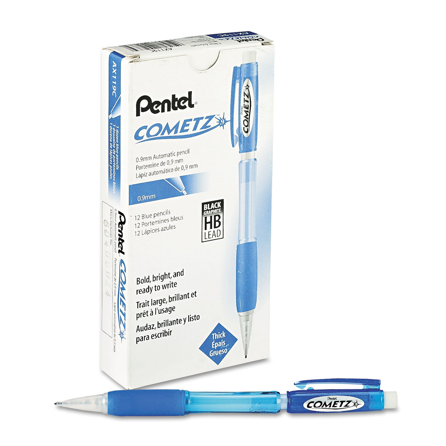 Cometz Mechanical Pencil, 0.9 mm, HB (#2), Black Lead, Blue Barrel, Dozen -