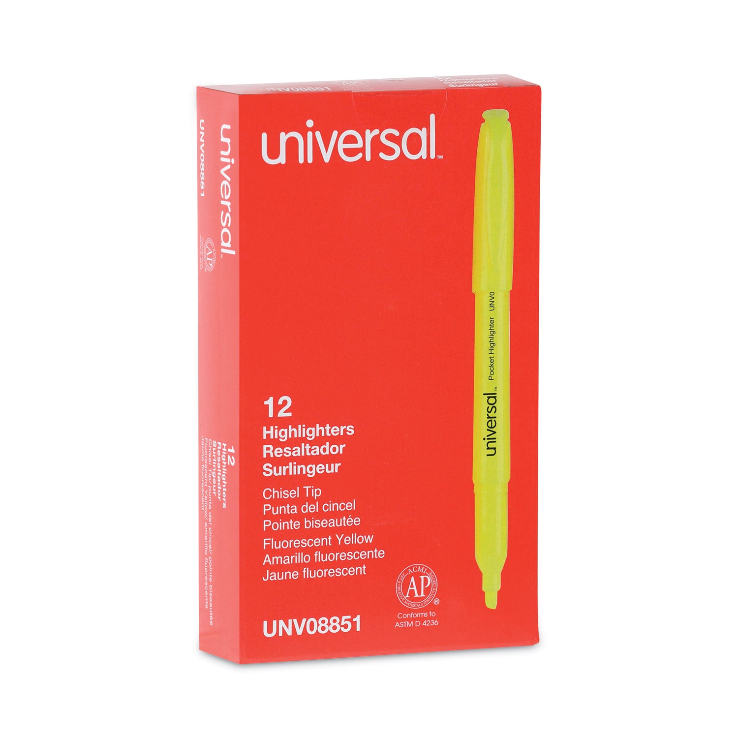 Pocket Highlighters, Fluorescent Yellow Ink, Chisel Tip, Yellow Barrel, Dozen -