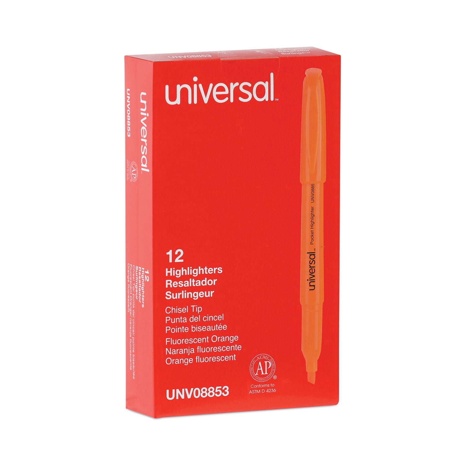 Pocket Highlighters, Fluorescent Orange Ink, Chisel Tip, Orange Barrel, Dozen -