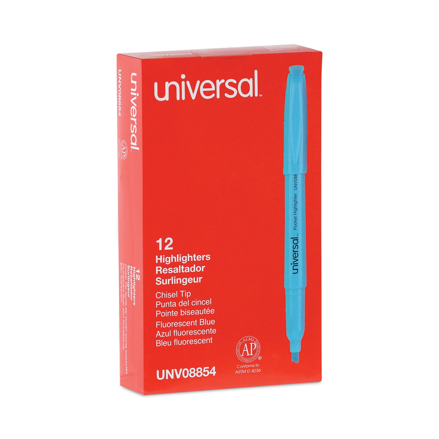 Pocket Highlighters, Fluorescent Blue Ink, Chisel Tip, Blue Barrel, Dozen -