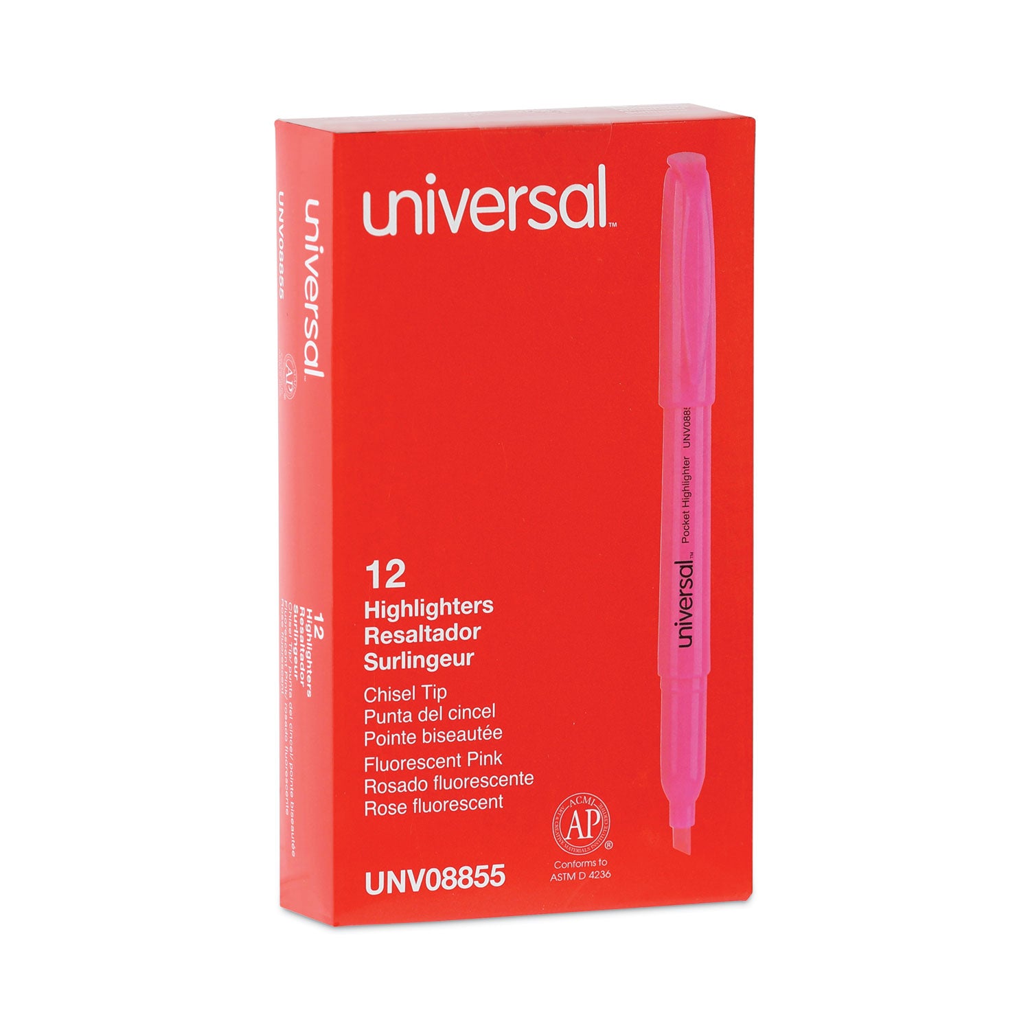 Pocket Highlighters, Fluorescent Pink Ink, Chisel Tip, Pink Barrel, Dozen -