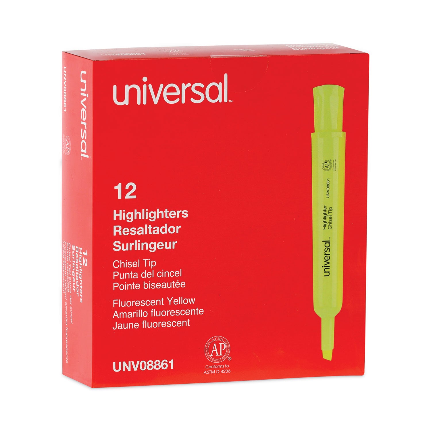 Desk Highlighters, Fluorescent Yellow Ink, Chisel Tip, Yellow Barrel, Dozen -