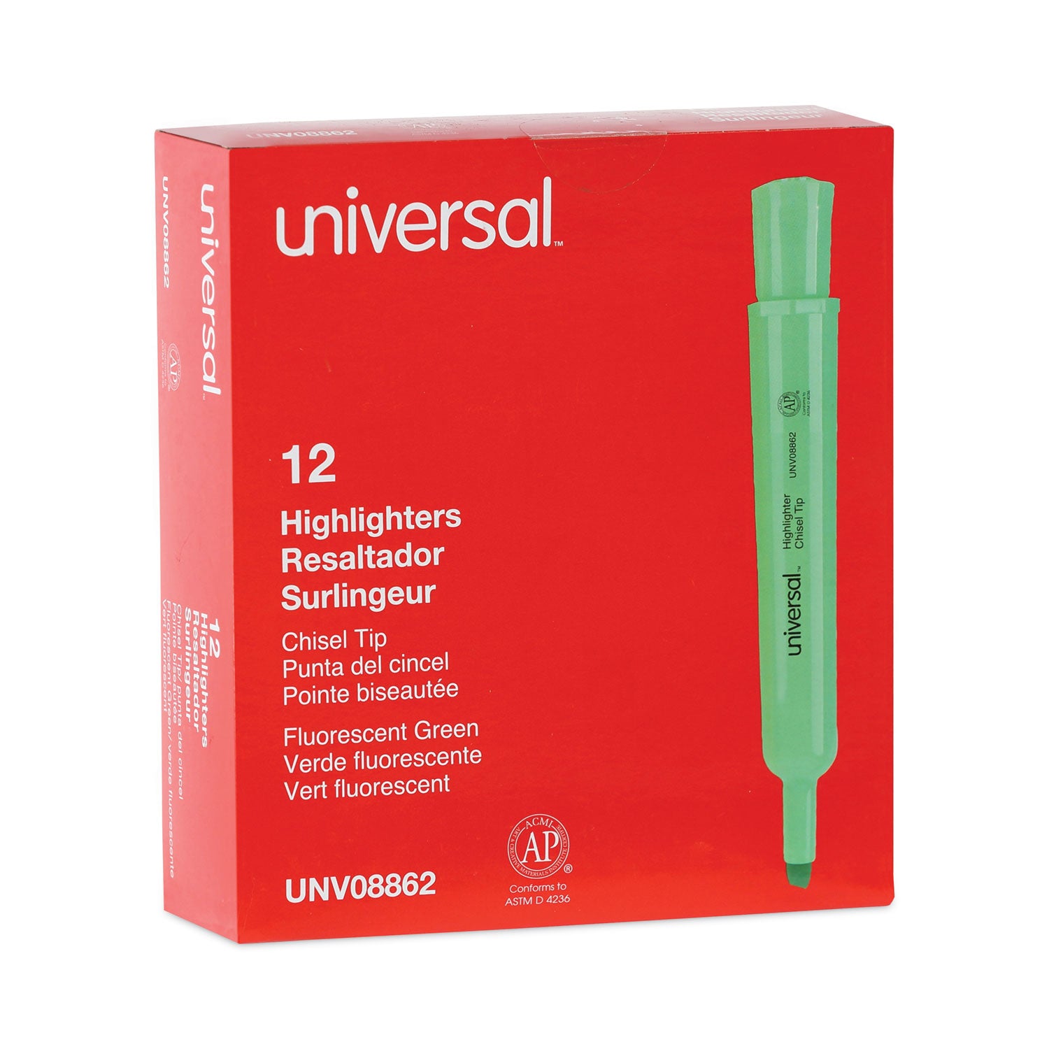Desk Highlighters, Fluorescent Green Ink, Chisel Tip, Green Barrel, Dozen -