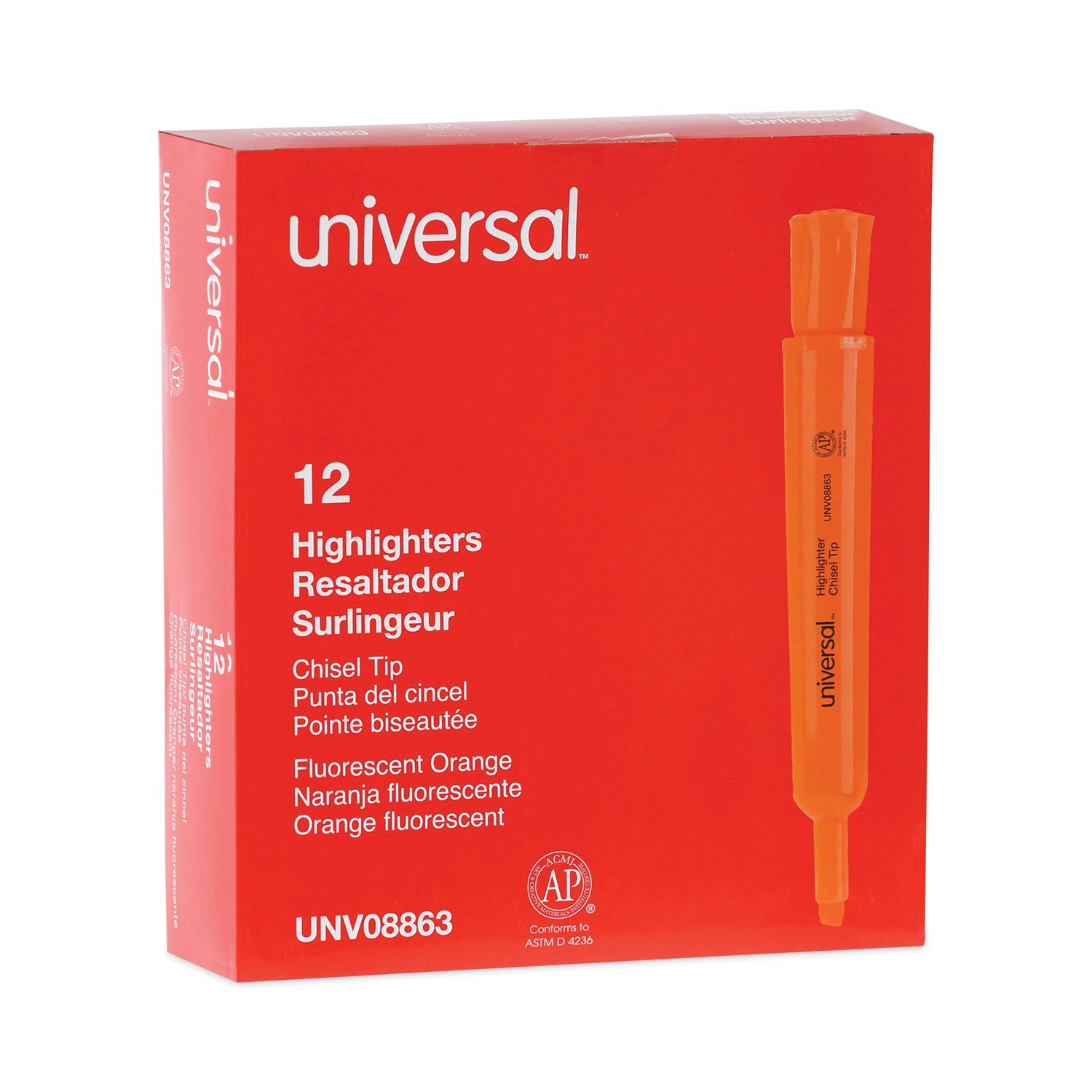 Desk Highlighters, Fluorescent Orange Ink, Chisel Tip, Orange Barrel, Dozen -