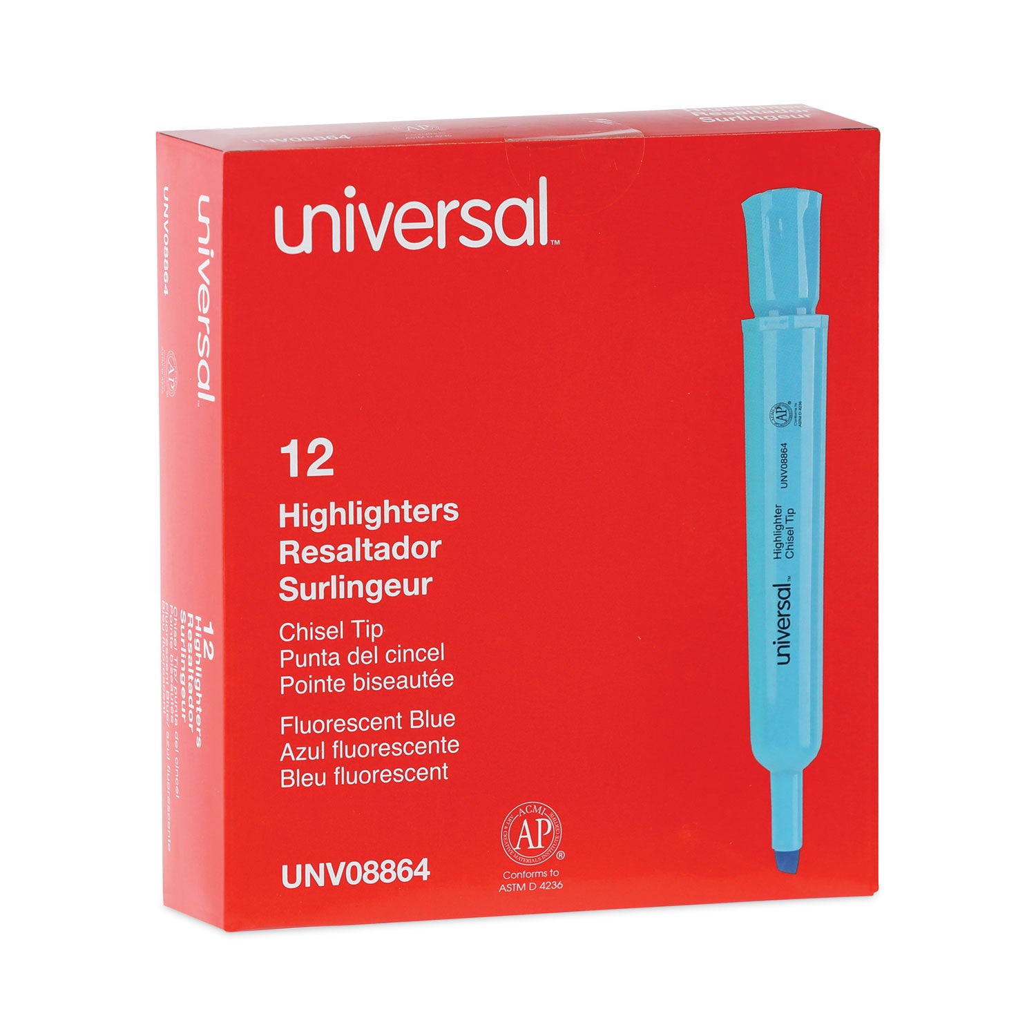 Desk Highlighters, Fluorescent Blue Ink, Chisel Tip, Blue Barrel, Dozen -