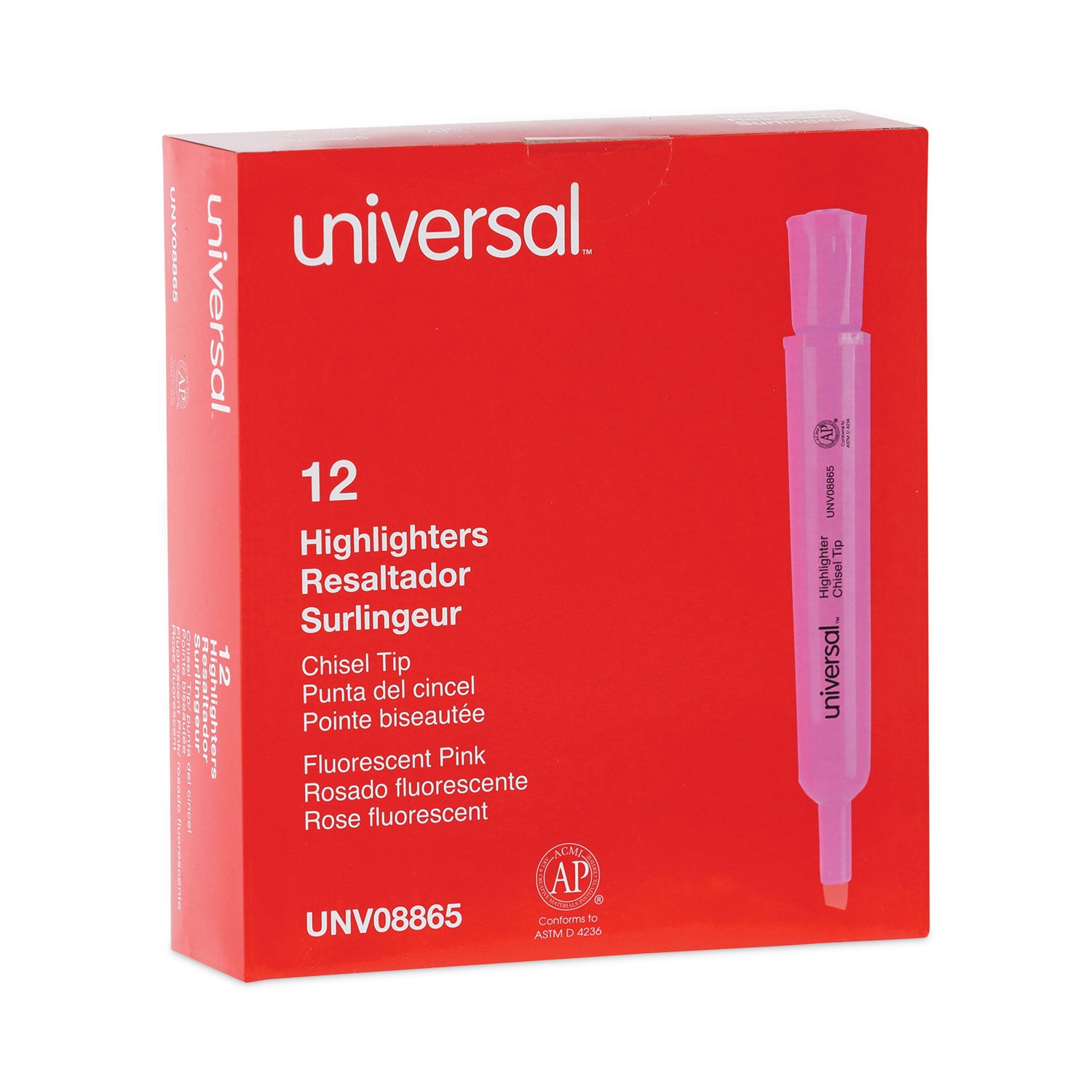 Desk Highlighters, Fluorescent Pink Ink, Chisel Tip, Pink Barrel, Dozen -