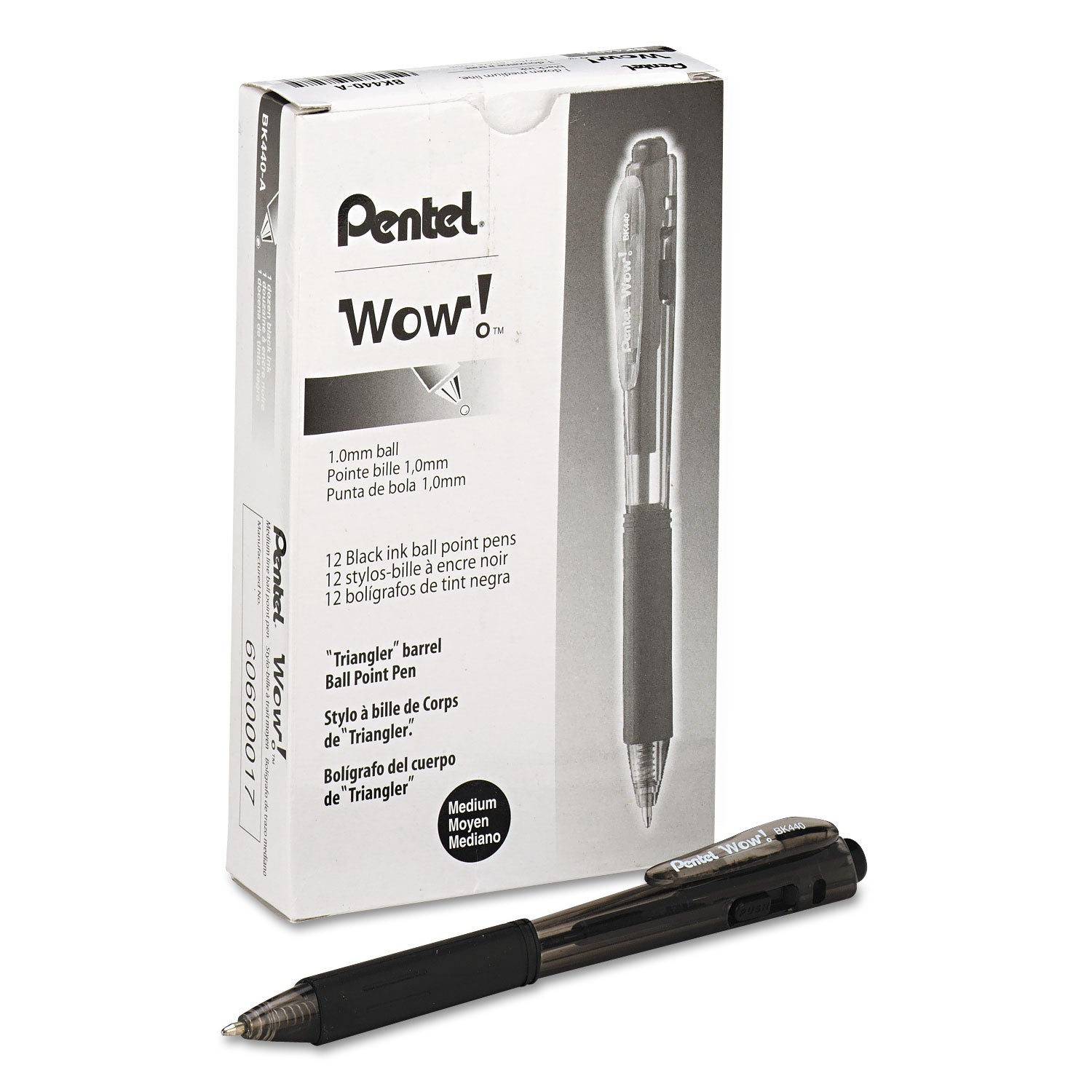WOW! Ballpoint Pen, Retractable, Medium 1 mm, Black Ink, Smoke/Black Barrel, Dozen -