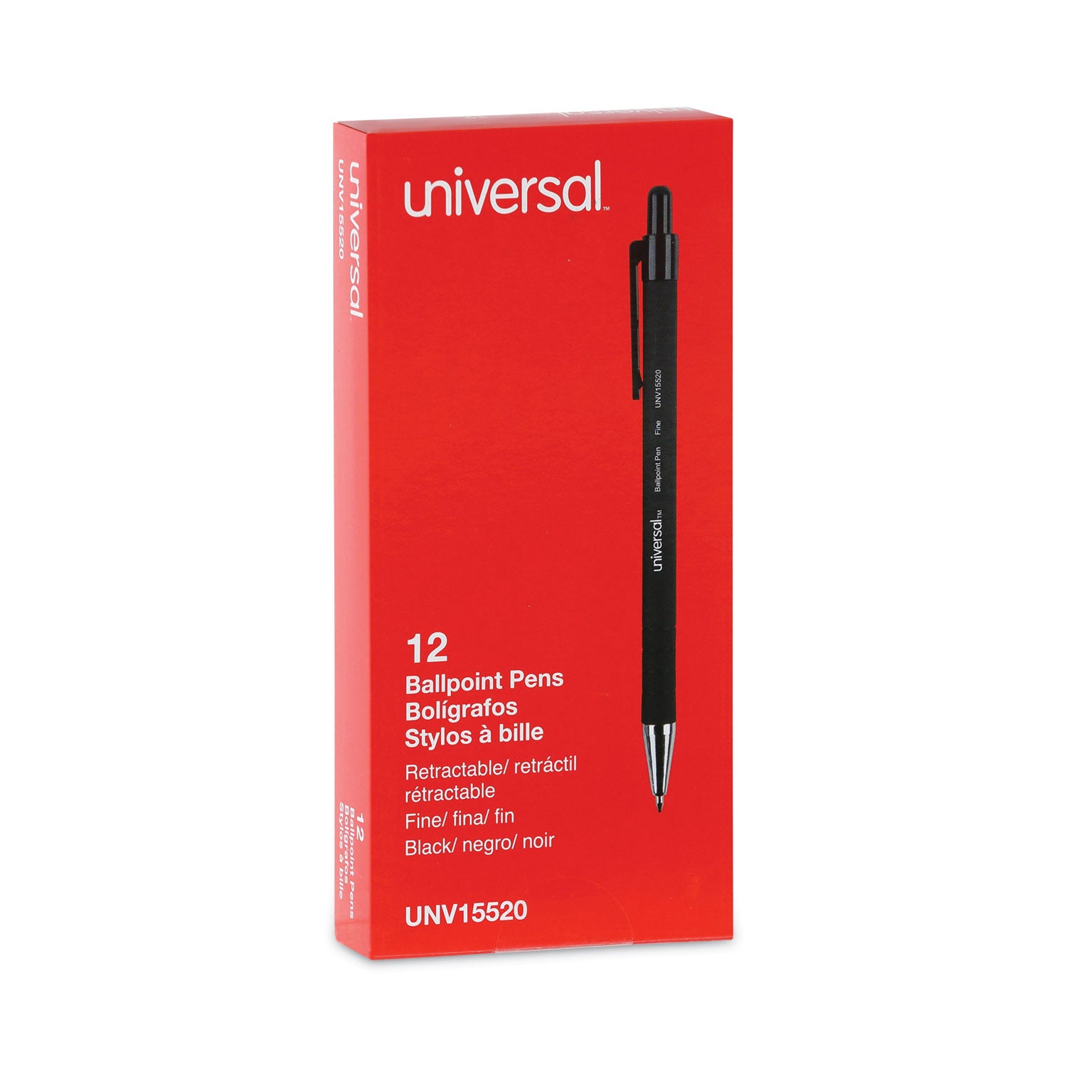 Ballpoint Pen, Retractable, Fine 0.7 mm, Black Ink, Black Barrel, Dozen -