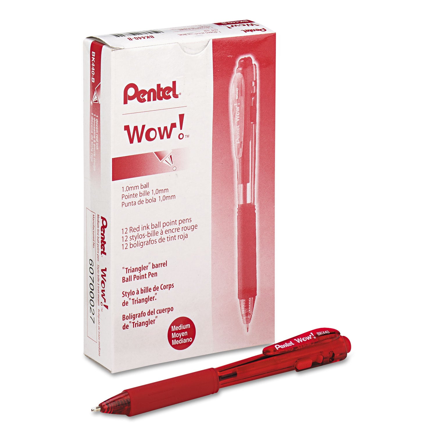 WOW! Ballpoint Pen, Retractable, Medium 1 mm, Red Ink, Translucent Red/Red Barrel, Dozen -