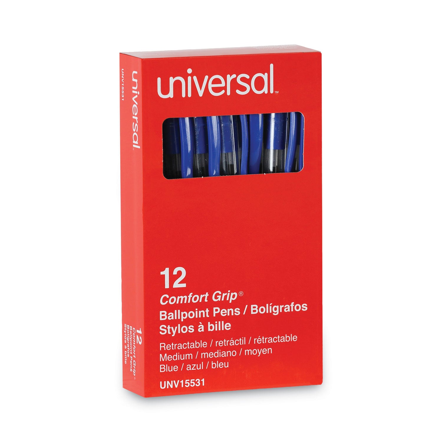 Comfort Grip Ballpoint Pen, Retractable, Medium 1 mm, Blue Ink, Clear/Blue Barrel, Dozen -