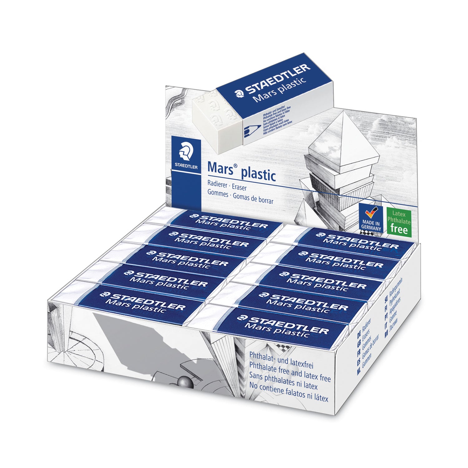 Mars Eraser, For Pencil/Ink Marks, Rectangular Block, Large, White, 20/Box -