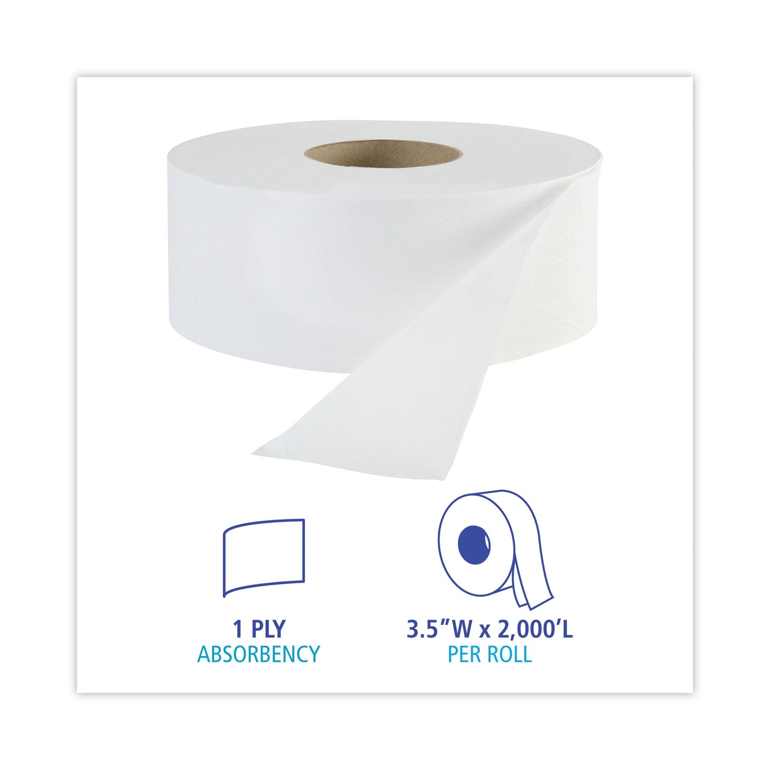 JRT Jr. Bath Tissue, Jumbo, Septic Safe, 1-Ply, White, 3.3" x 2,000 ft, 12/Carton -