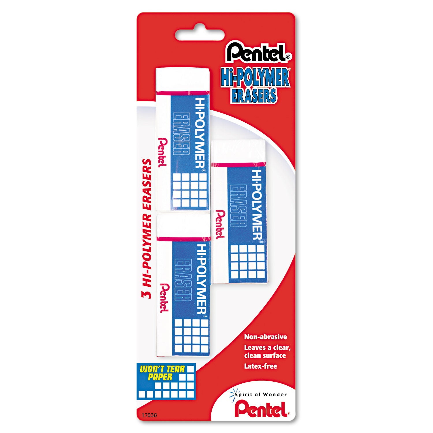 Hi-Polymer Eraser, For Pencil Marks, Rectangular Block, Medium, White, 3/Pack -